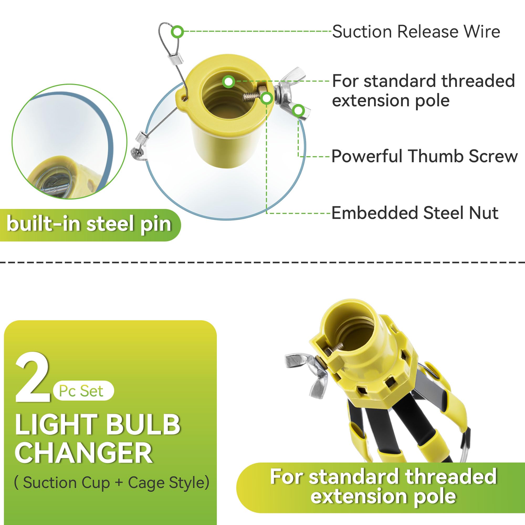 Dreyoo Light Bulb Changer Set - Standard Incandescent & Suction Cup Compatible with Extension Poles, Durable Fiber Material