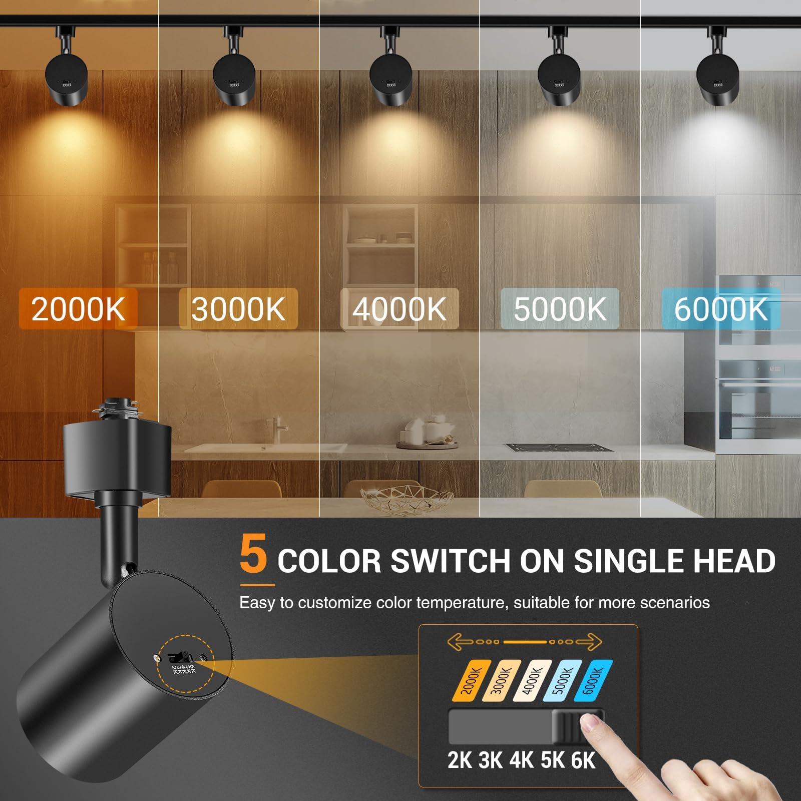 VANoopee LED Track Lighting Kit, 6-Light Dimmable, 6.6FT H Type Rail, Black, Model ITK10W5CCTB6, CRI90