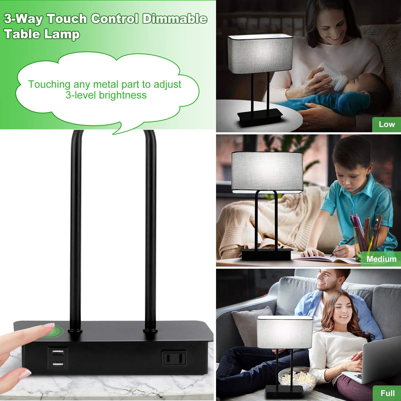 Bedside Touch Control Table Lamp With Dual Usb Charging Ports 1 Ac Outlet, 3 Way Dimmable Modern Nightstand Lamp With Grey Fabri