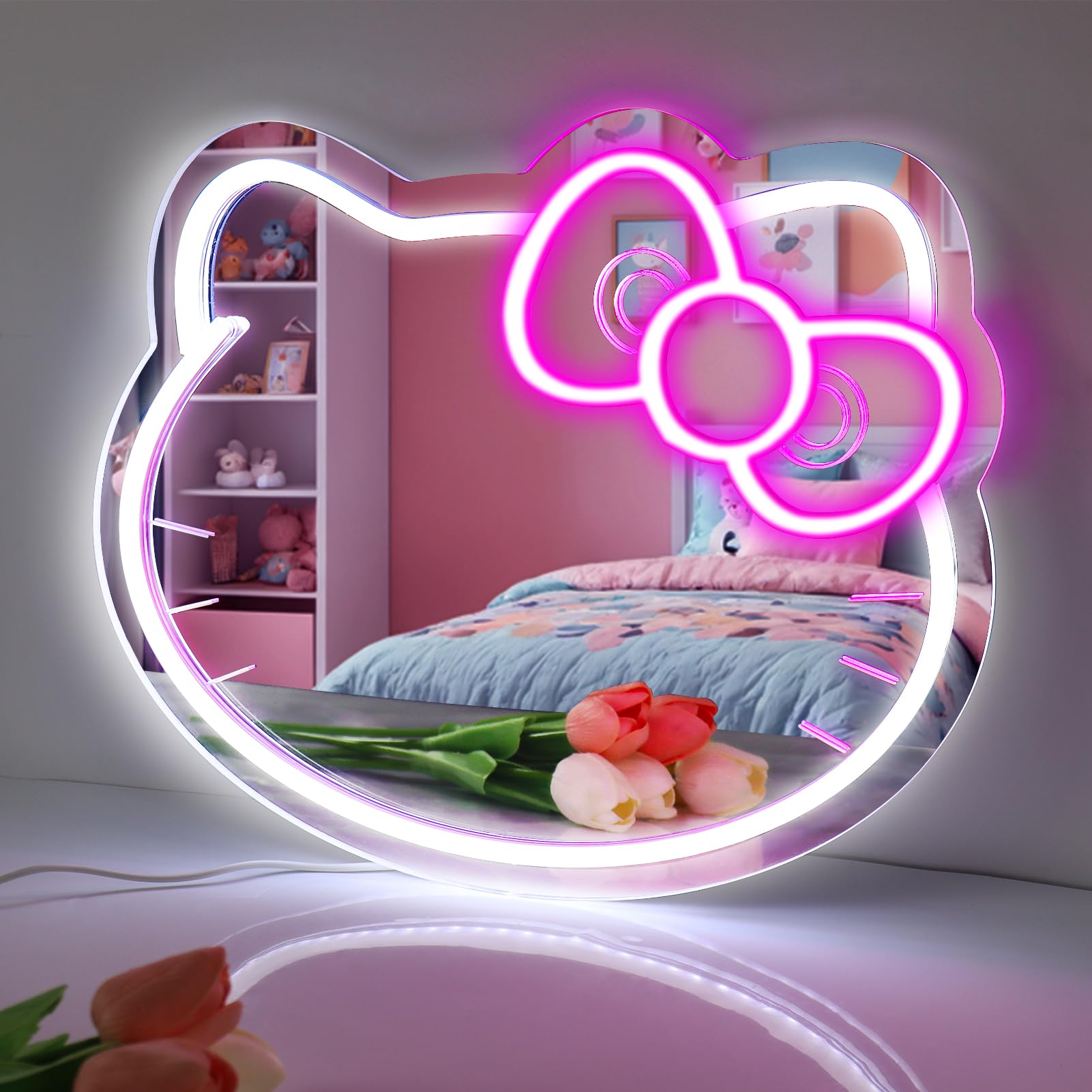 YASIZESOU Hello Kit Vanity Mirror with Neon Sign, 14inx11.8in, Pink Bow, Adjustable Brightness, USB Powered, Model HKDP02