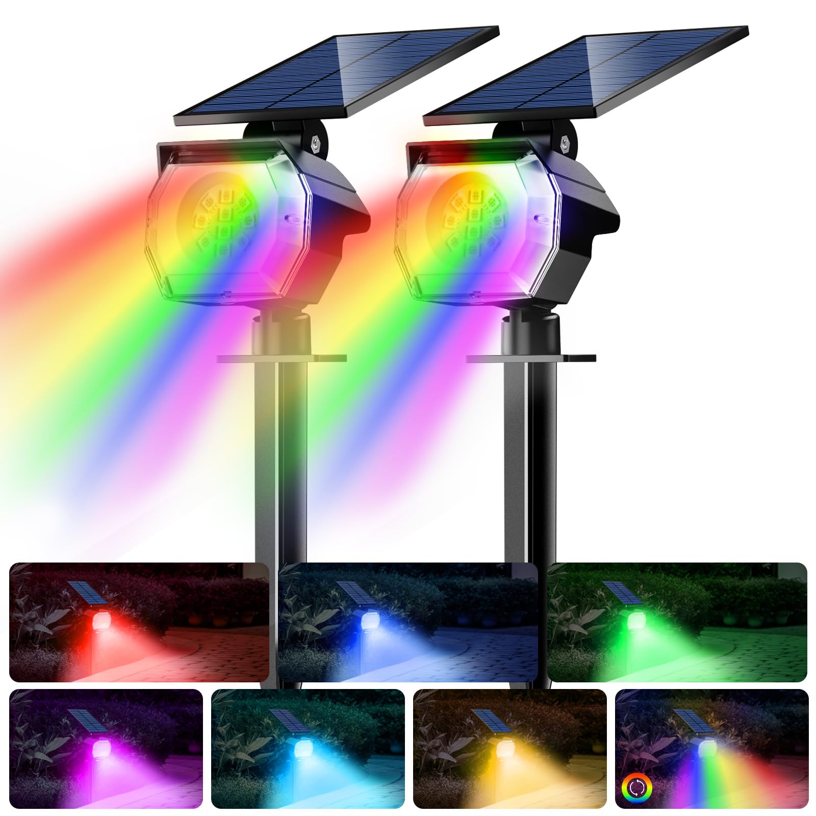 btfarm Solar Lights Outdoor Waterproof IP65-2 Pack LED Color Changing Spot Light 7 Lighting Color RGB Powered Spotlights, Upligh