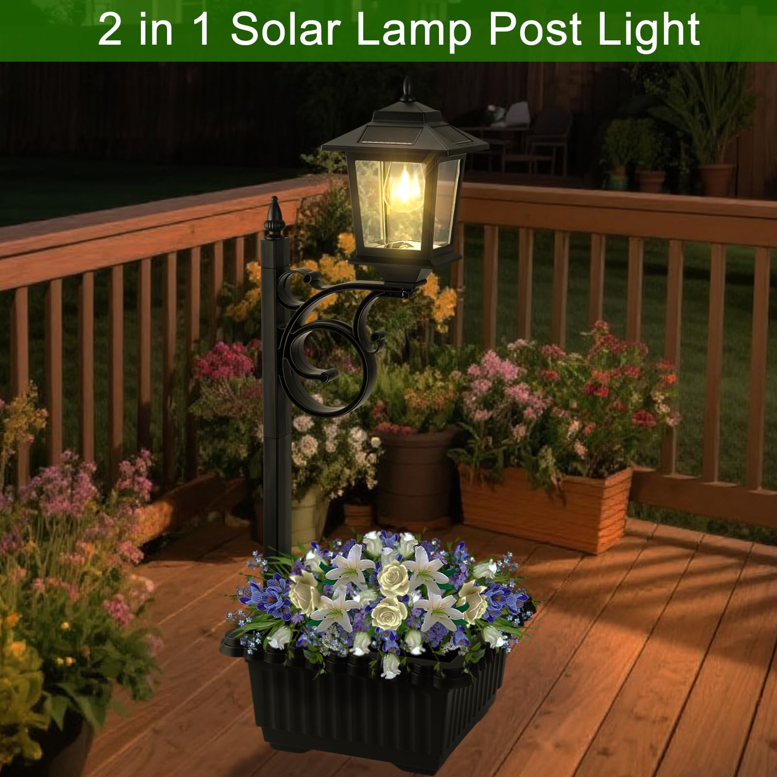 Melunar Outdoor Flower Pots and Solar Lamp Post Lights, Waterproof, Warm White, Model FOL010
