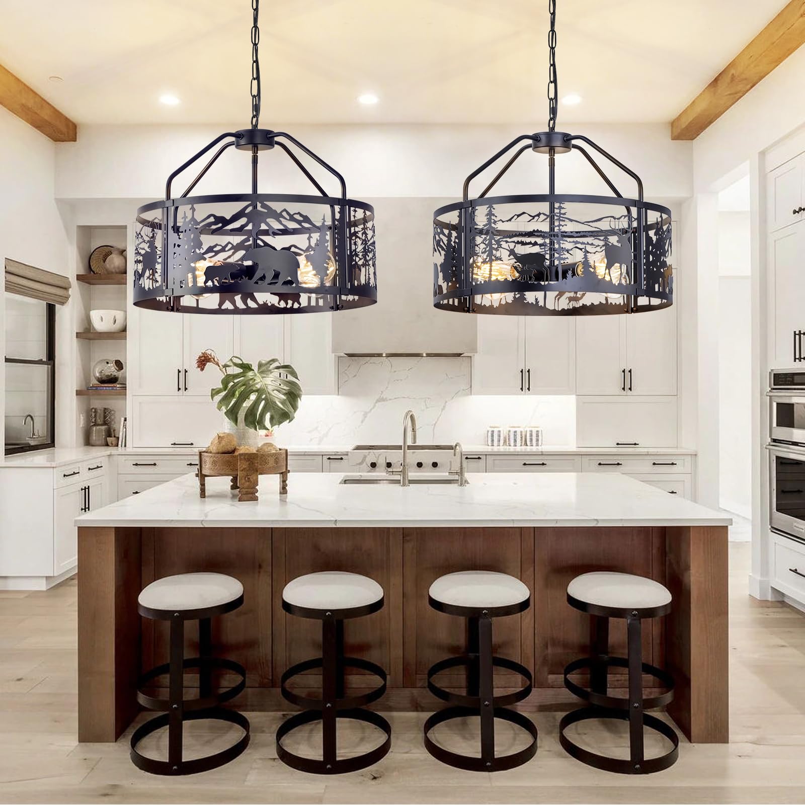 Monyohame Rustic Ceiling Light Fixture - 4 Light Metal Chandelier, Adjustable Height, Deer & Bear Design, Perfect for Kitchen & Living Room