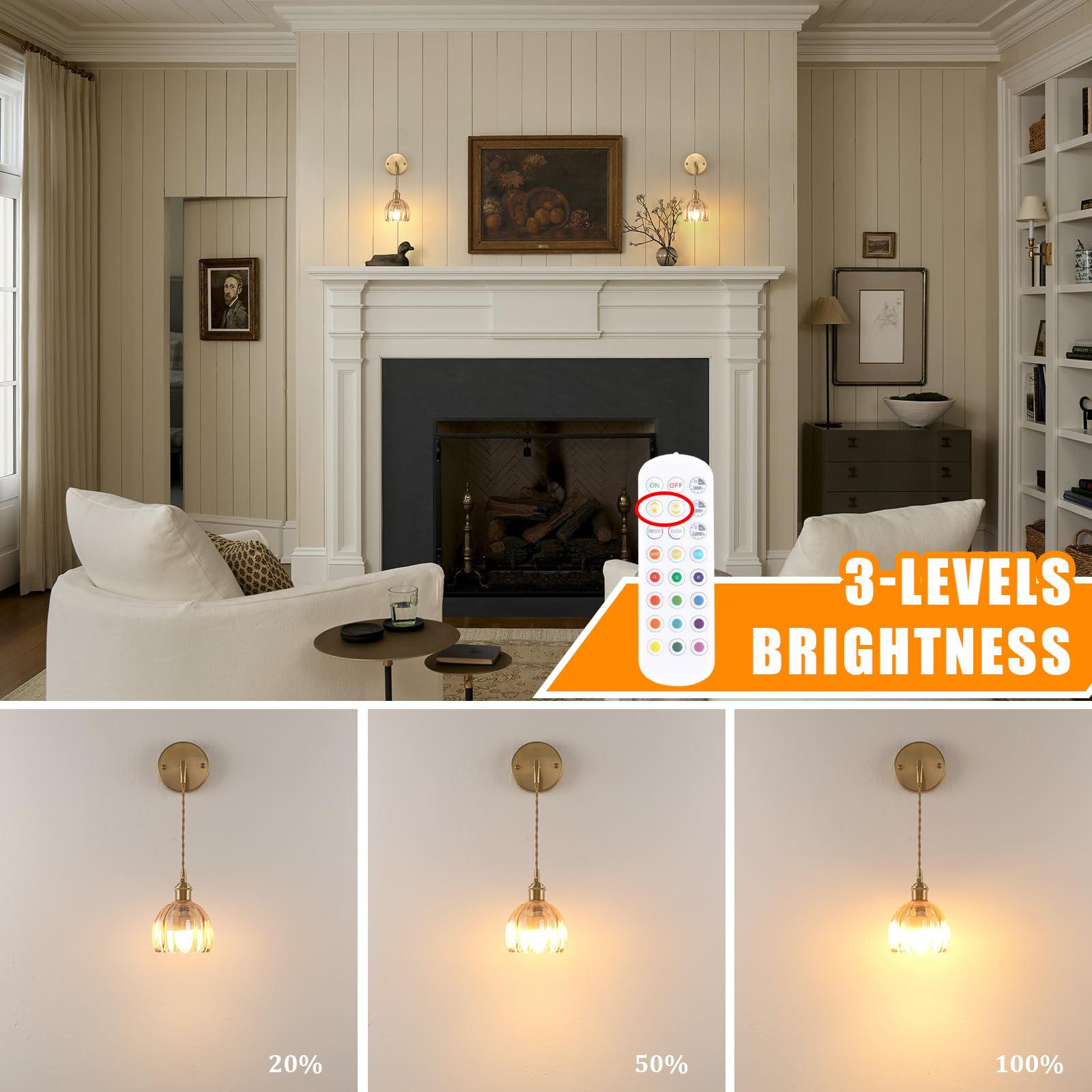 Shenmoyl Wall Sconce, Battery Operated, Brass, Amber Tulip Shade, Adjustable Chain, Model 1-938, Indoor Lighting for Bedroom and Doorway