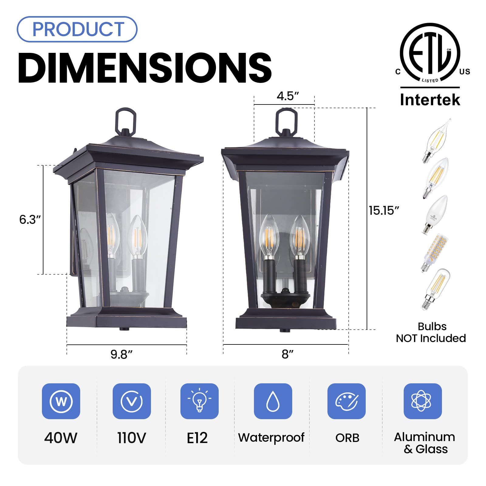 Smeike Large Outdoor Wall Sconce - 2-Lights Lantern, Matte Black Aluminum, Model A272-1, Clear Glass, Ideal for Patio/Porch, Entryway
