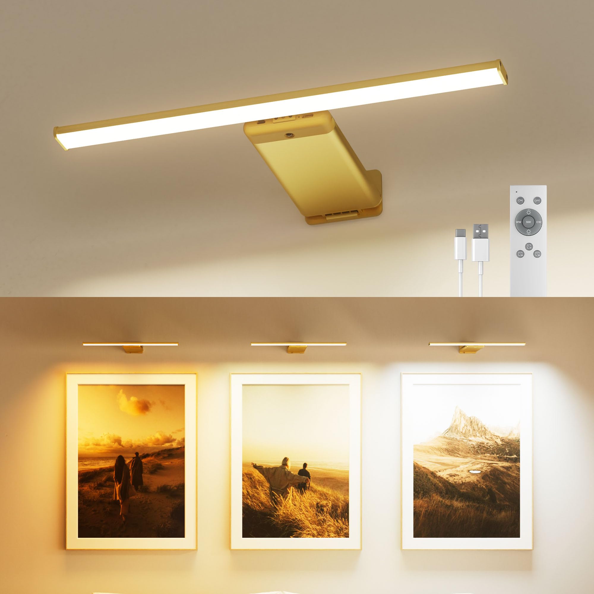 Picture Light for Wall with Remote, Picture Lights Battery Operated Rechargeable 12000mAh, 3 Colors & 3 Timers, Brightness Dimma