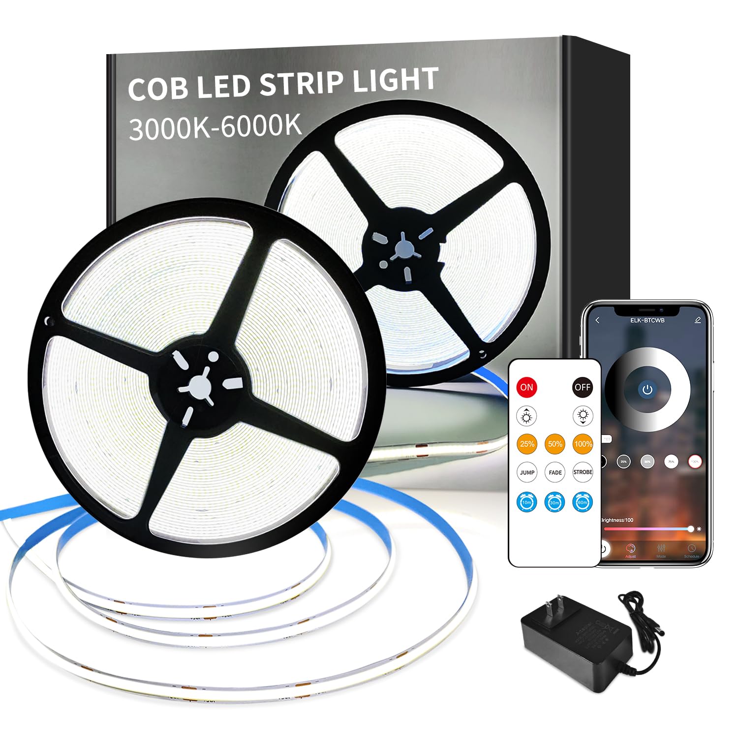 Yeewhale COB LED Strip Lights 6000K 65.6ft DC 24V Dimmable White Flexible LED Tape Light for Bedroom, with Remote and app Contro