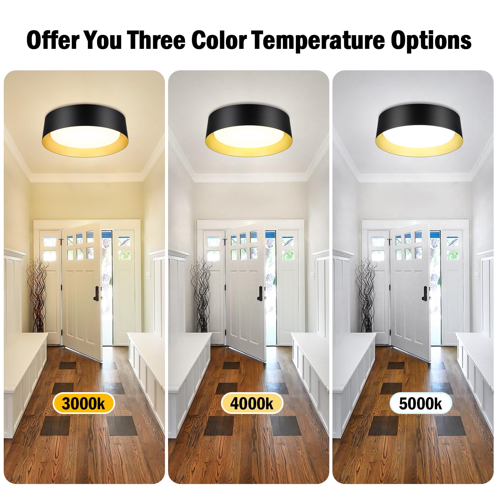 16In Flush Mount Led Ceiling Light, 30W(300W Equiv) 3000Lm, 3 Colors 3000K 4000K 5000K, Dimmable Black And Gold Modern Flush Mou