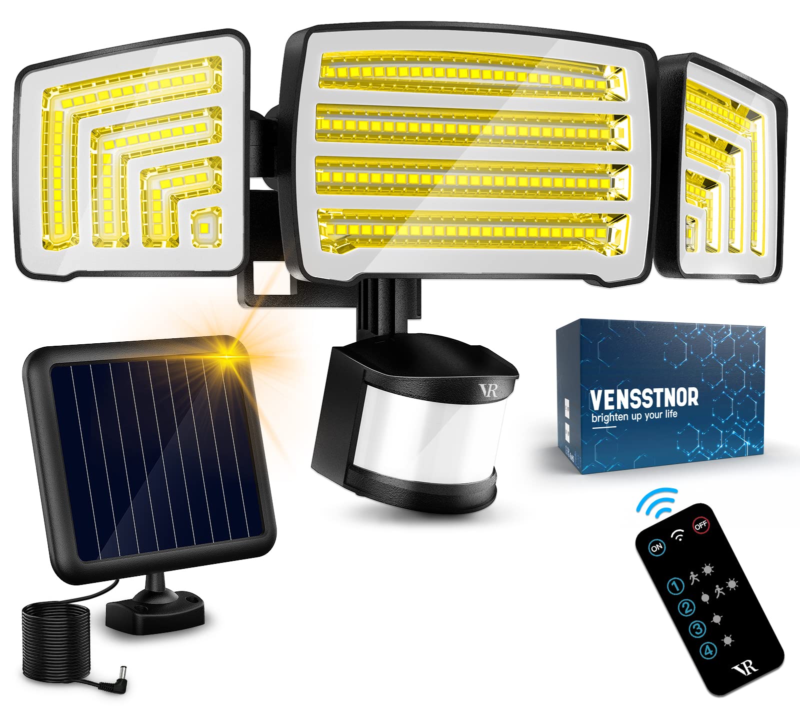 VENSSTNOR Solar Motion Sensor Flood Light - 4000LM, 4 Modes, 72FT Sensing, IP65 Waterproof, 1 Pack, Black, Model YW-VRSL