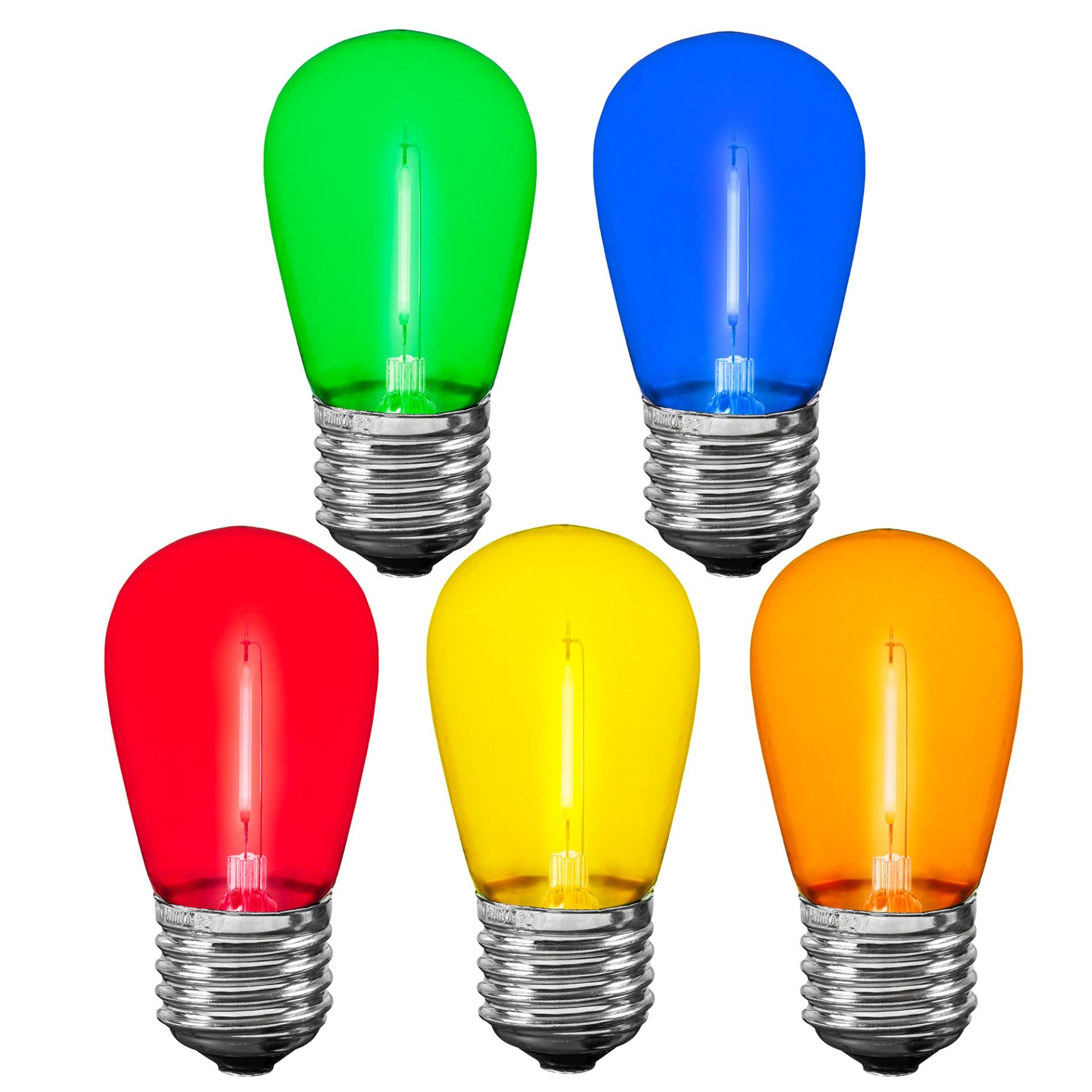 Novelty Lights S14 LED Outdoor String Light Replacement Bulbs, 25 Pack, Shatterproof Plastic, E26 Base, Multicolor