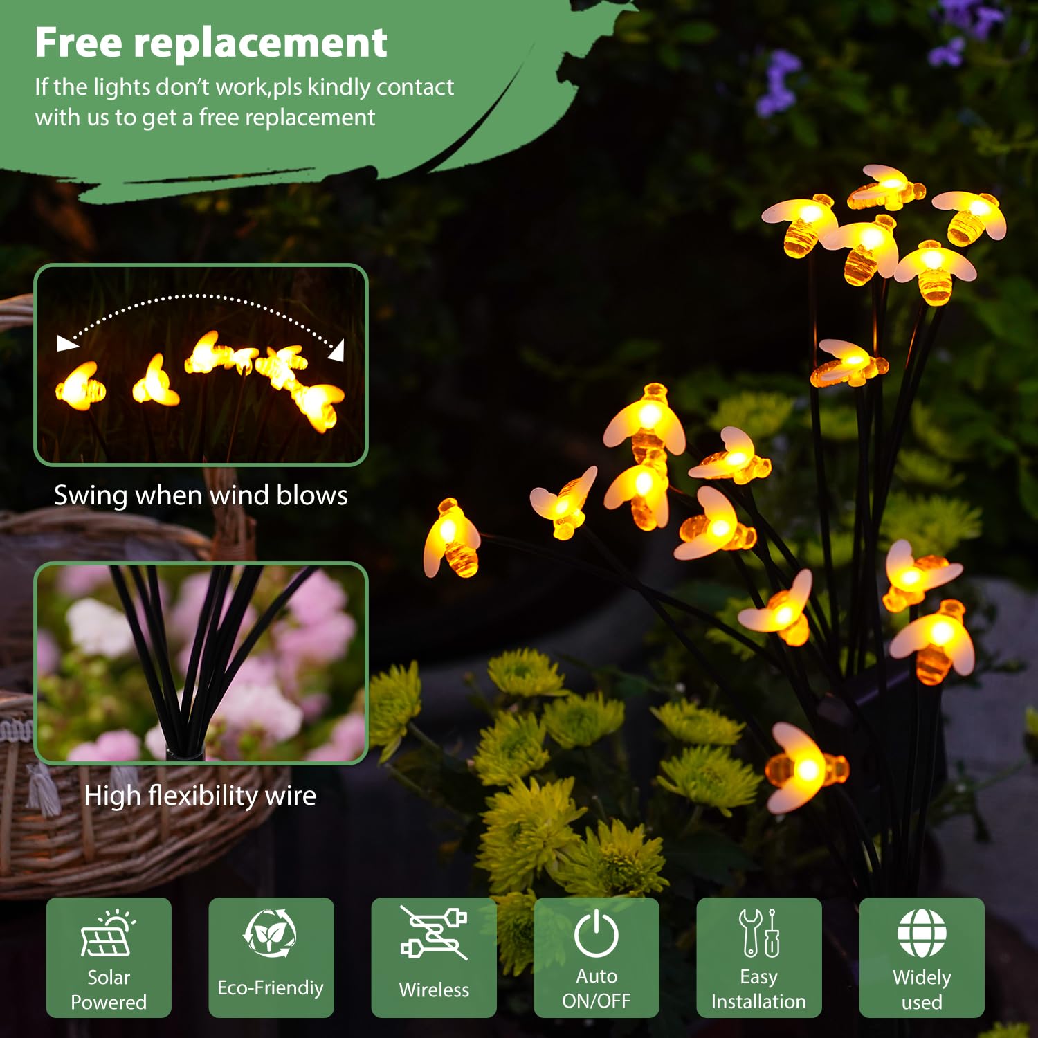 Nacome Solar Garden Lights - Waterproof Bumble Bee Décor, 2 Pack For Yard & Patio, Mom Gifts