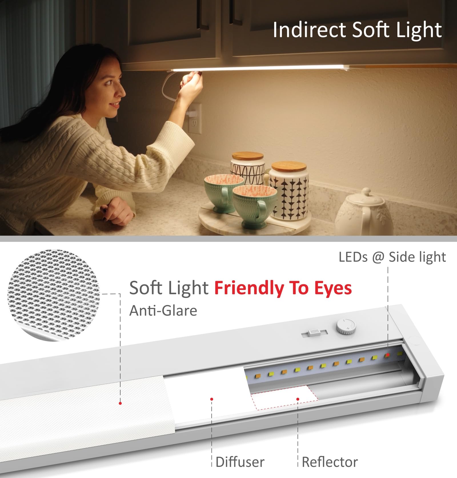 Leetdud Led Under Cabinet Lighting Built-In Dimmer Plug In Or Hardwired,18 Inch 9W Dimmable 5 Color 2700K/3000K/3500K/4000K/5000