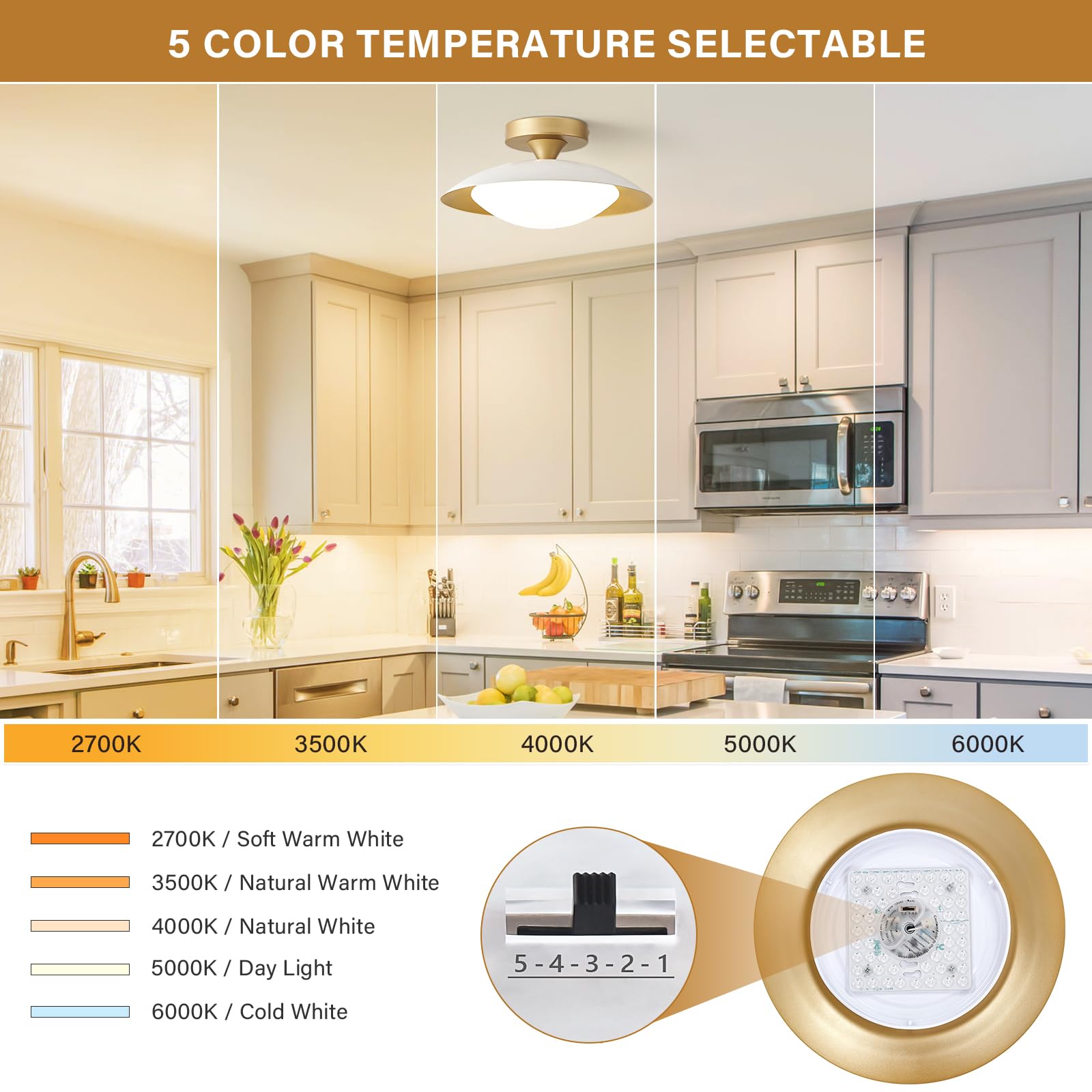 Dimmable Modern Mid-Century Ceiling Light, White And Gold Led Semi Flush Mount Ceiling Light, 5Cct 2700K-6000K Lighting Fixture Ceiling Lamp With Acrylic Shade For Bedroom Hallway Kitchen, 11.8In