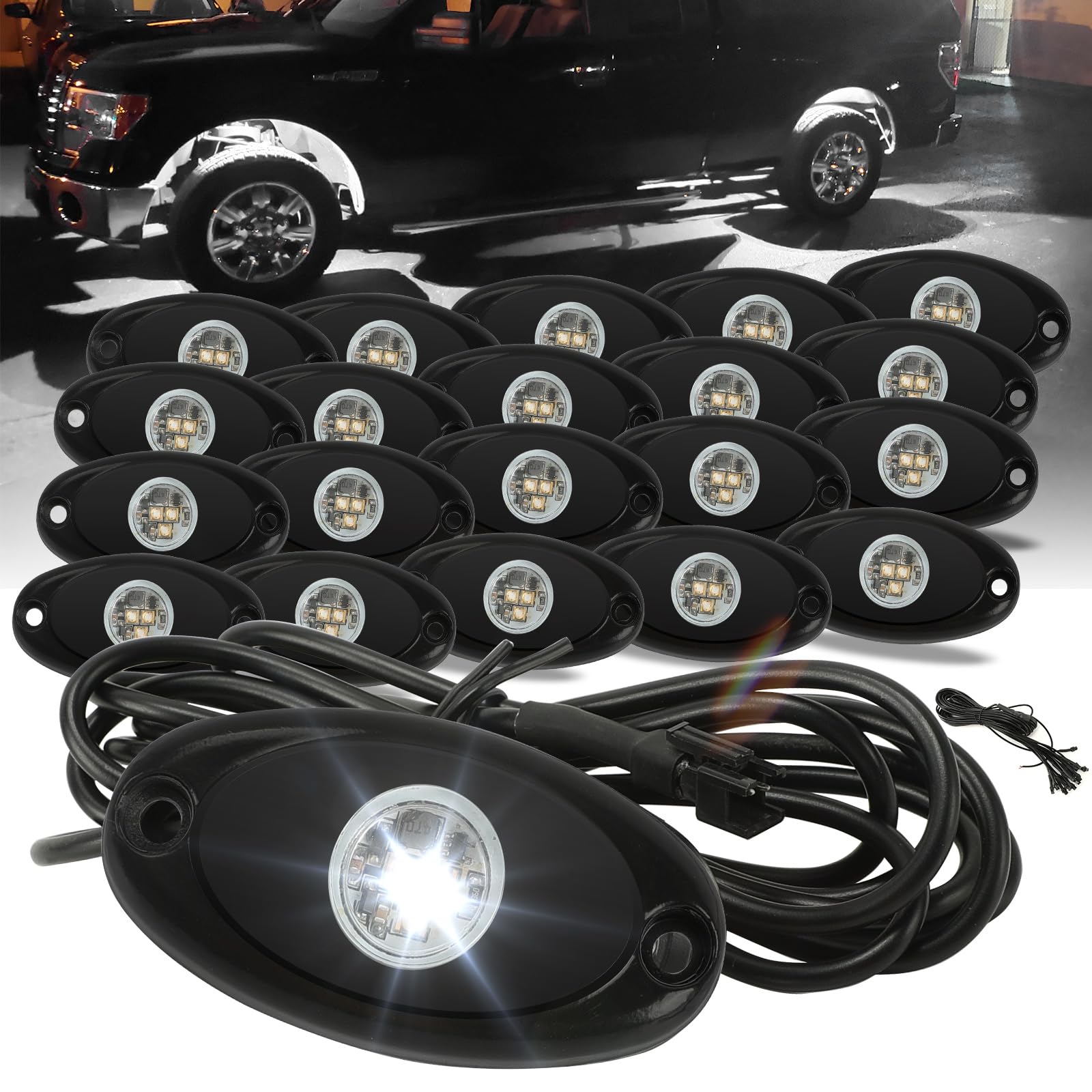 Sunpie 20 Pods Plug And Play White Rock Lights, 5M Extension Wires Each Light, 3 High Power Chips, 6000K Pure White, Rubber Moun