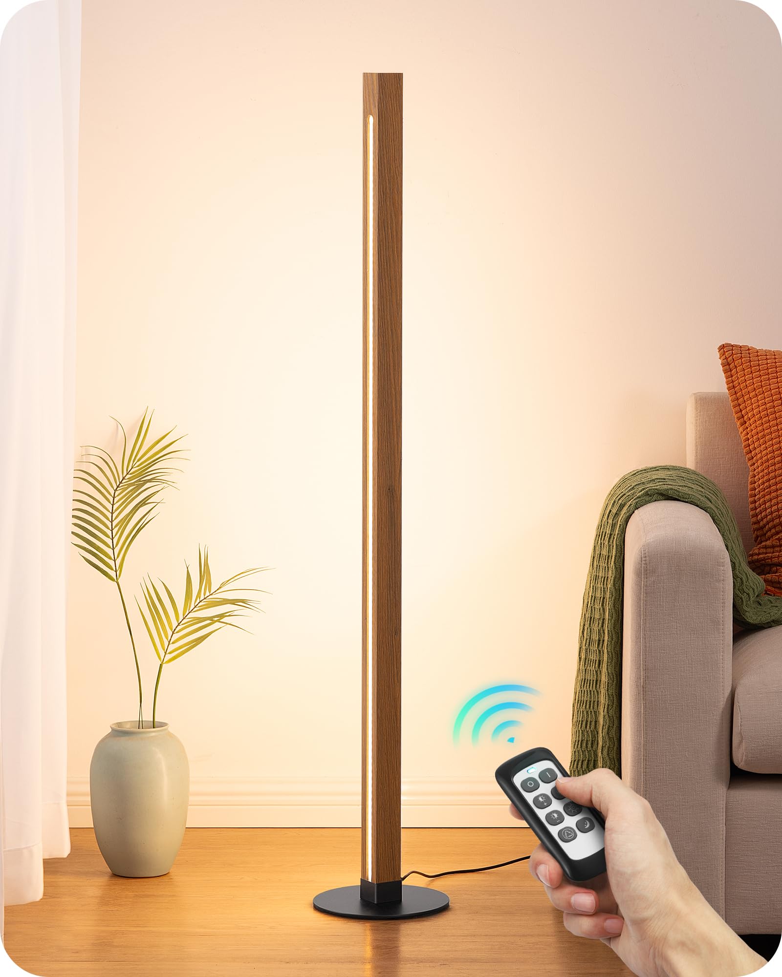 EDISHINE Wood Floor Lamp, Dual-Sided Lighting, Dimmable, Remote/Foot Control, Walnut, Model HLFL12A, Light Brown