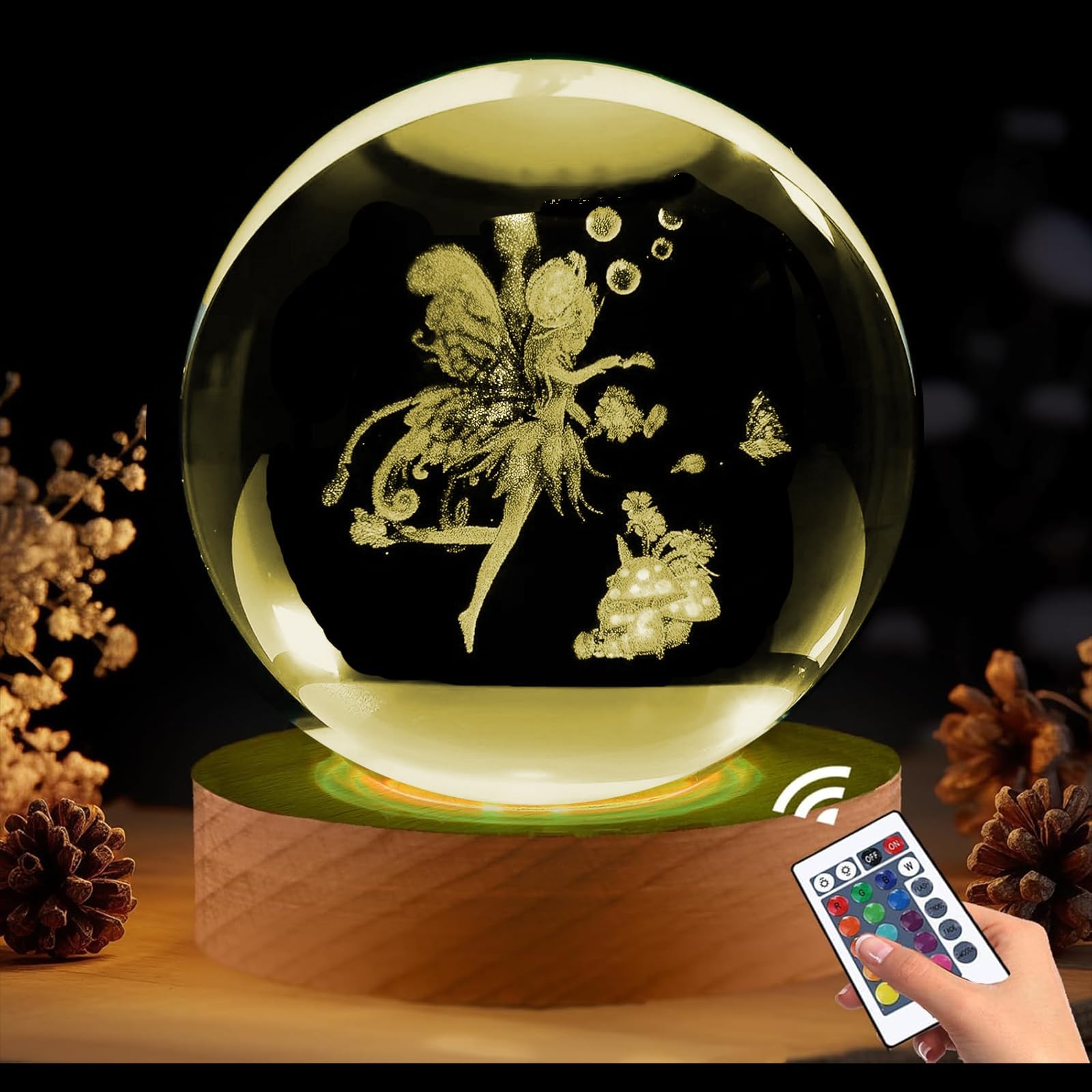 Shellvcase Fairy Gifts for Women Girls, 3.15in 3D Fairy Figurine Crystal Ball Lamp with Remote Control, Fairy Decor for Bedroom,