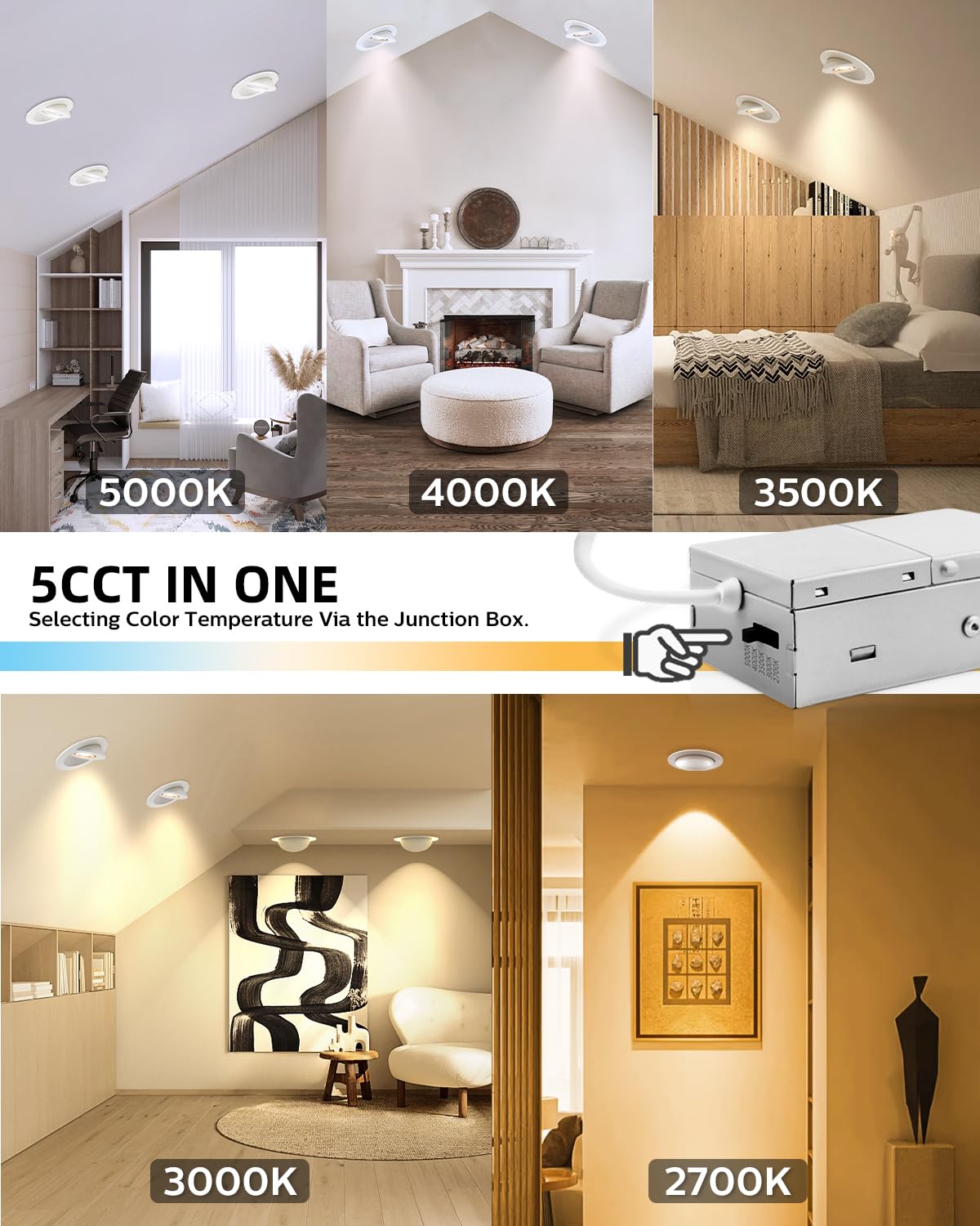 Adetu 4 Inch 5Cct Gimbal Led Recessed Lights, 360+90 Adjustable Directional Recessed Lighting, 2700K/3000K/3500K/4000K/5000K Dim