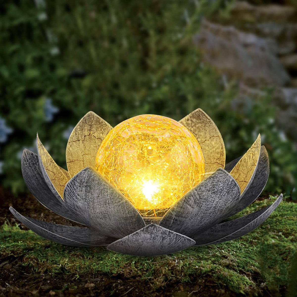 Garden Solar Light Outdoor(2Pack), Amber Crackle Globe Glass Lotus Decoration, Waterproof Gary Metal LED Flower Lights for Patio