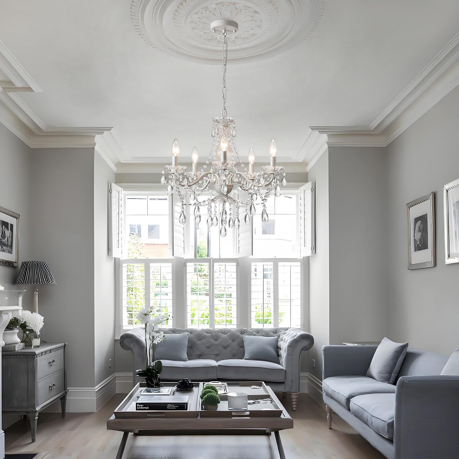 AMZASA Crystal White Chandelier, 5-Light Pendant Light, Ceramic & Crystal, L20.87"xW19.7"xH79.7", Not plug-in WH, Model AS902