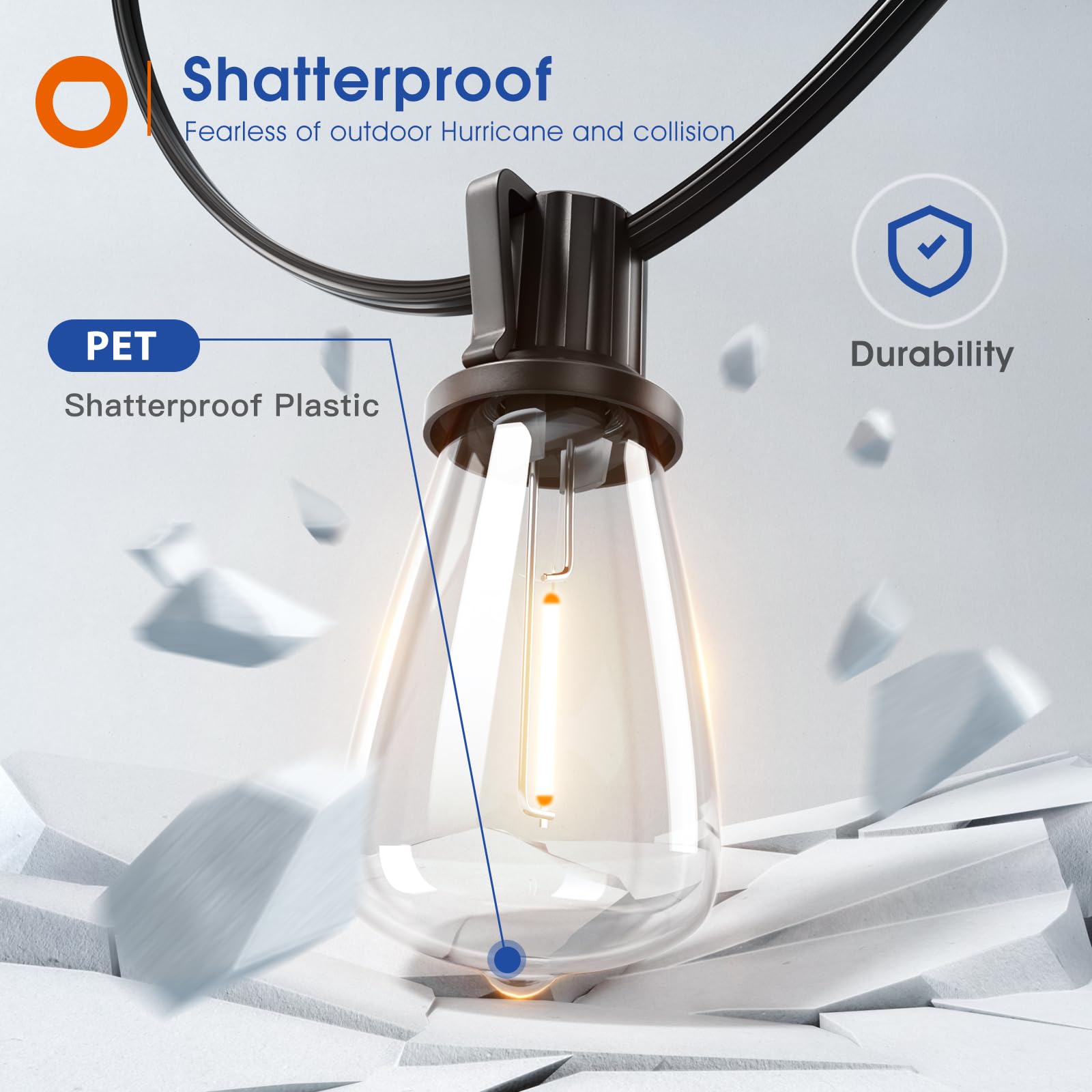 addlon LED Outdoor Lights, 200FT Waterproof Patio String Lights, 64 Shatterproof Bulbs, Dimmable, Black, Model A09050101009