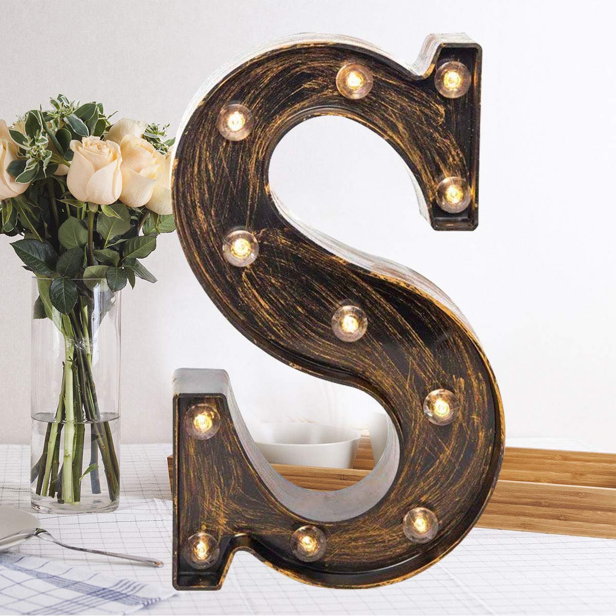 OYCBUZO Golden Black Led Marquee Letter - Industrial, Vintage Style Light Up Alphabet Letter Sign for Cafe Wedding Birthday Party Christmas Lamp Home Bar Initials Decor - S