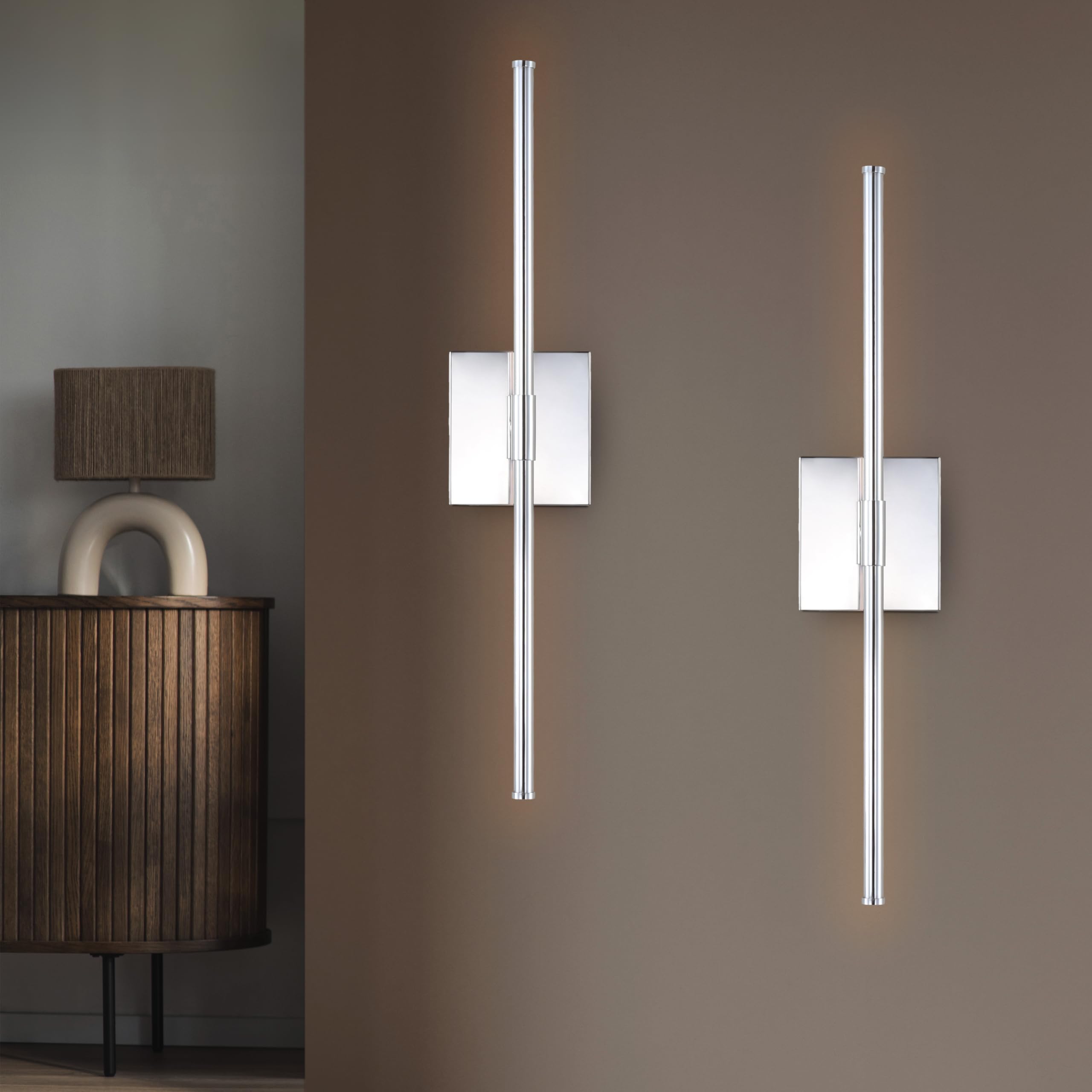 Jonathan Y Jyl7022A-Set2 Makena 28'' Modern Minimalist Dimmable Integrated Led Metal Wall Sconce, Chrome (Set Of 2) For Bedroom,