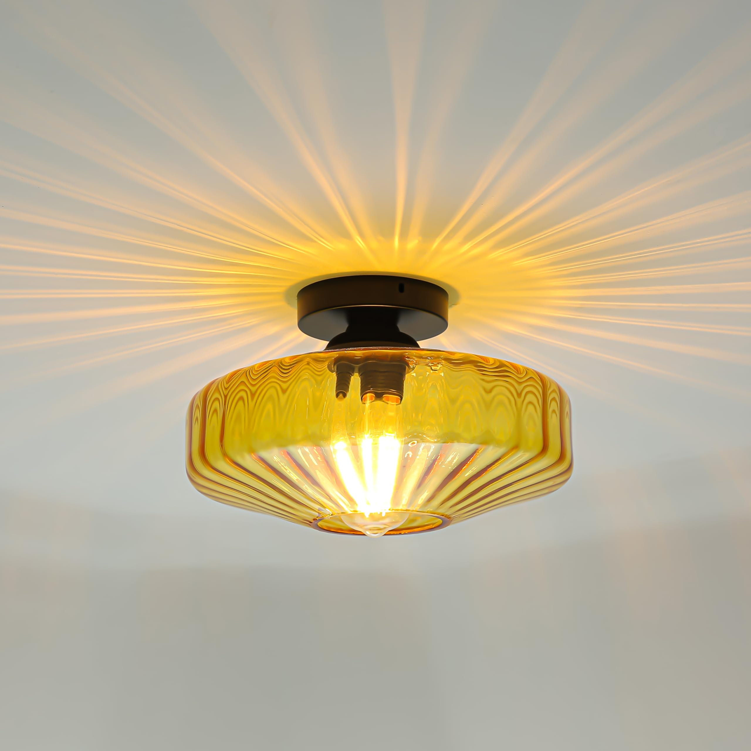 Fctwaks Semi Flush Mount Ceiling Light, 11.8'' Mid Century Modern 1-Light Close To Ceiling Light Fixtures With Drum Amber Glass