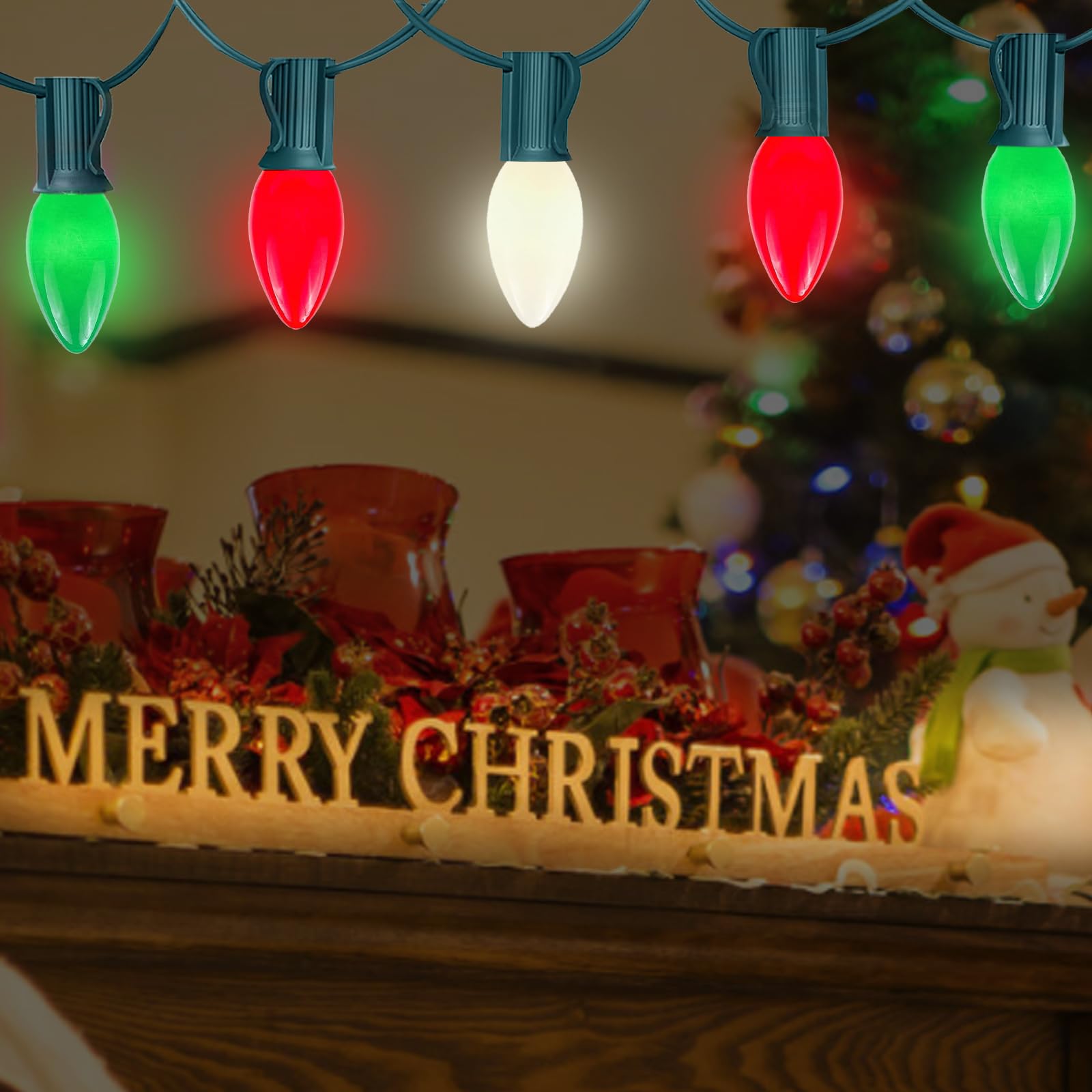Chyparty 25Ft C7 Christmas Lights Outdoor  Red Green White 3-Color Led String Lights For Roof  Fence  Tree  Wedding  Party  Patio  Bright Holiday Decor
