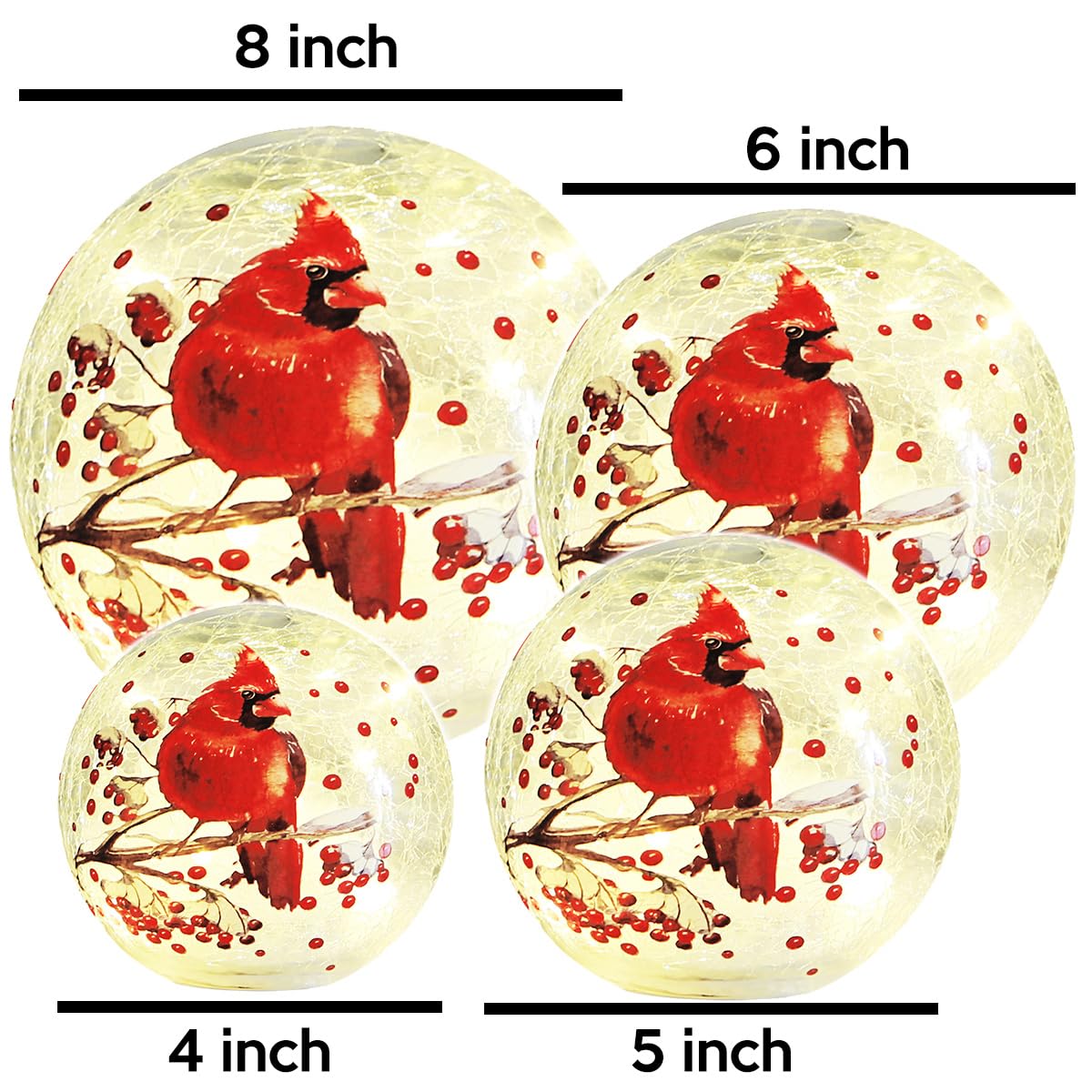 Kaowod Crackle Glass Ball Cardinal Night Light - 6" Clear Stained Glass Globe Decor for Christmas & Mother's Day Gifts