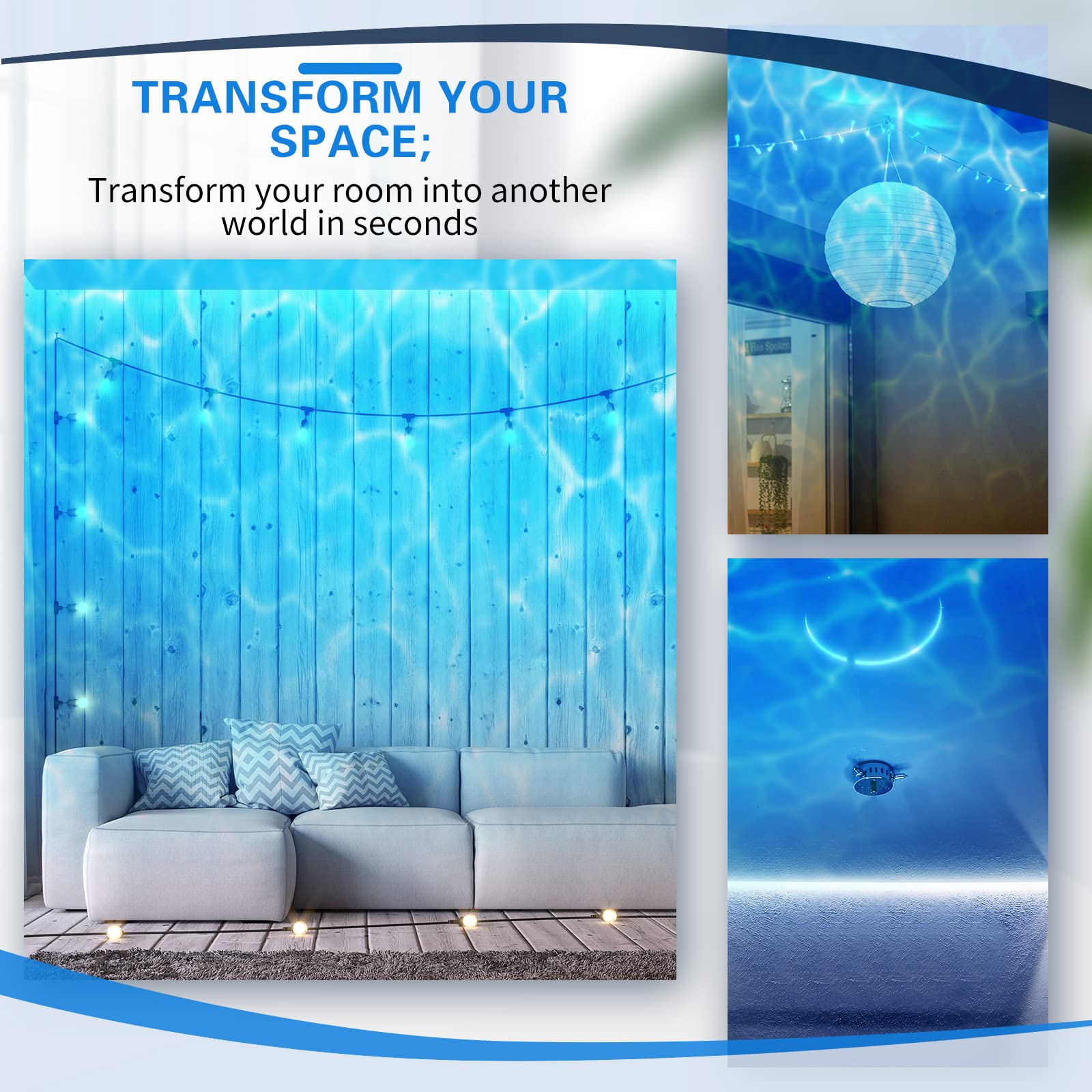 Riakrum 6 Pcs LED Ocean Wave Projector Light, 360° Rotating, Blue Night Light for Bedroom & Party Decoration