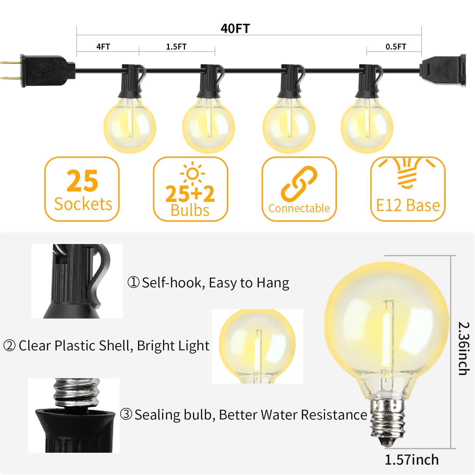 ShineU 40FT LED Outdoor String Lights, Waterproof G40 Globe, 27 Shatterproof Edison Bulbs, Clear Light 2200K