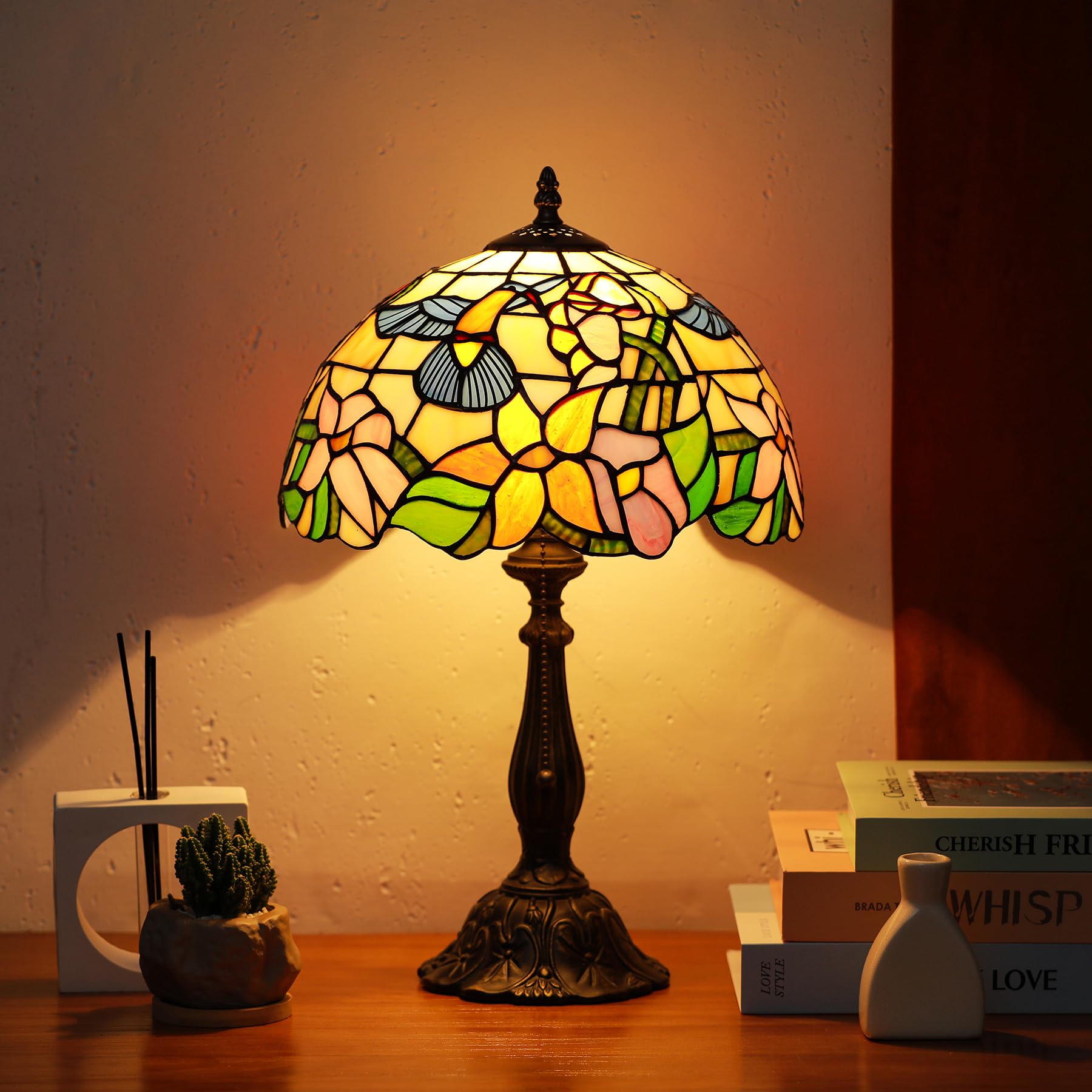 Tiffany Lamps Blue Hummingbird Style Stained Glass Table Lamp Desk Bedside Reading Light 12X12X18.5 Inches with Bronze Resin Bas