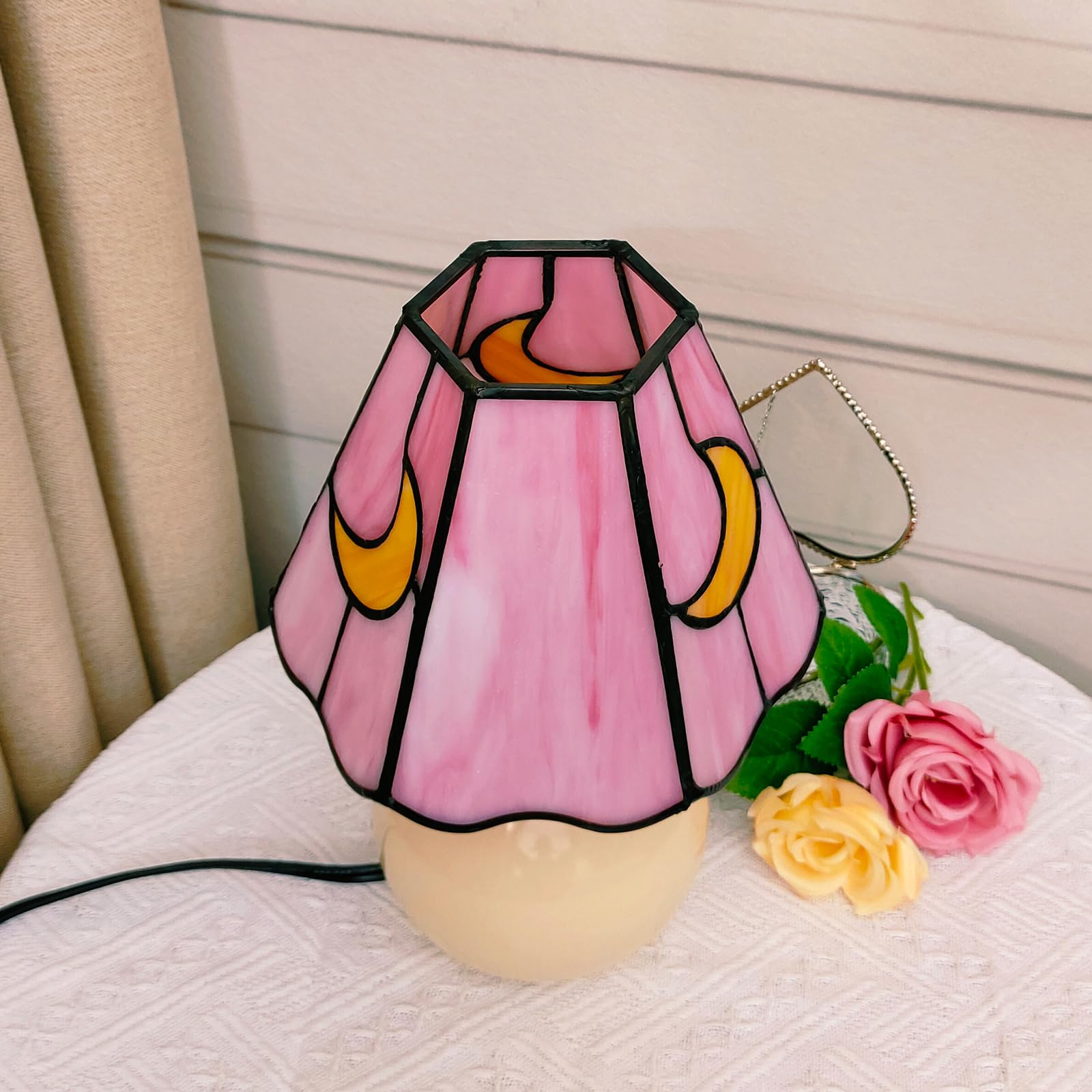 KIPHEPI Mushroom Lamp - Stained Glass Moon Lamp, Pink Cute Nightstand Table Lamp, E26 Bulb Included, Model OFU1145