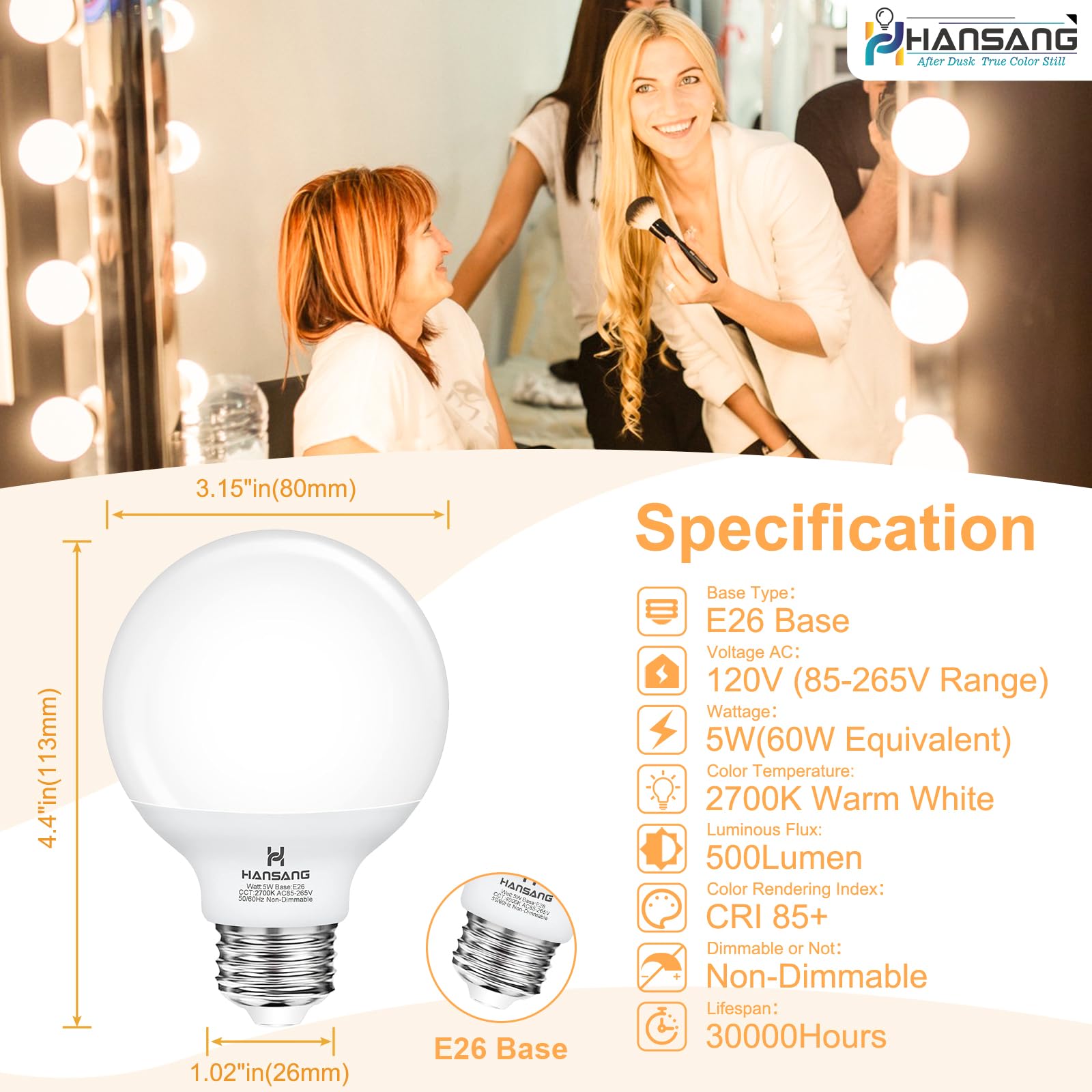 hansang 12 Pack LED Globe Bulbs, 2700K Warm White, E26 Base, G25, 60W Equivalent, Non-dimmable, High Light Transmittance PC