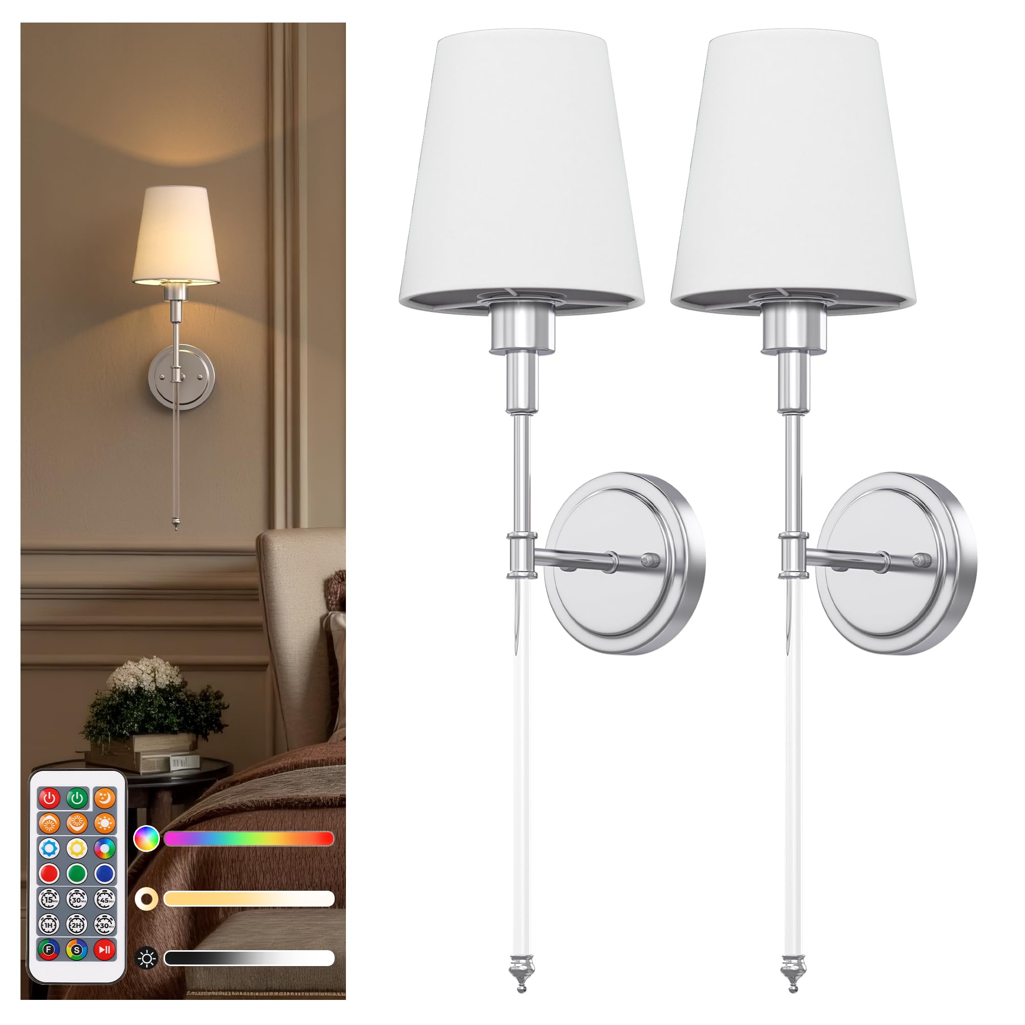 DORESshop Battery Operated Wall Sconce Set of 2, Dimmable Adjustable, 24.6in, Chrome and Glass