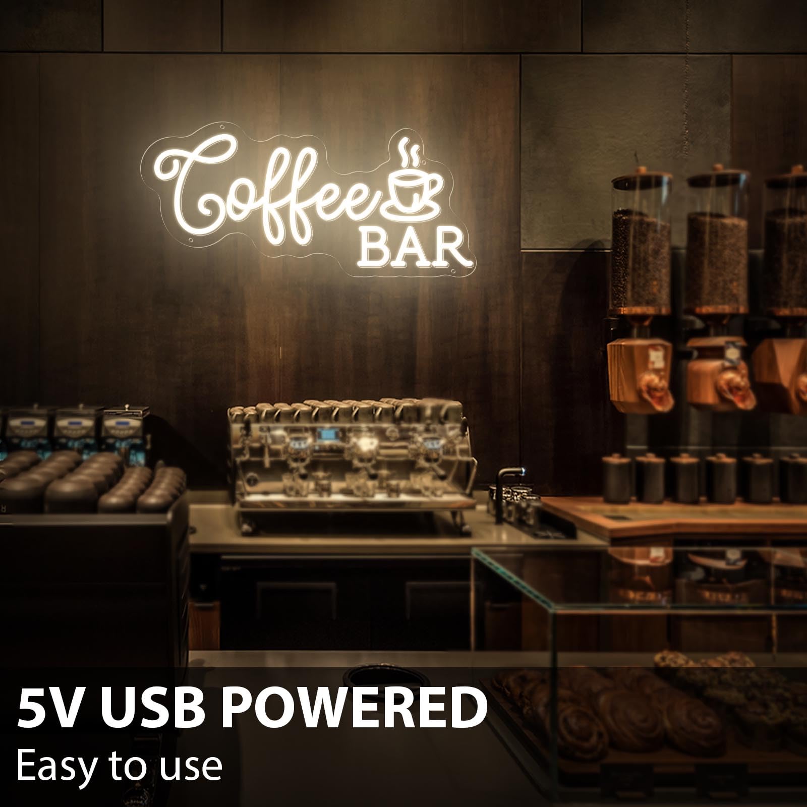 MinIeoh Coffee Bar Neon Sign, Dimmable Warm White LED, USB Powered, 15x7 inches, Silicone Material, Model FTNHD-COFFEEBAR