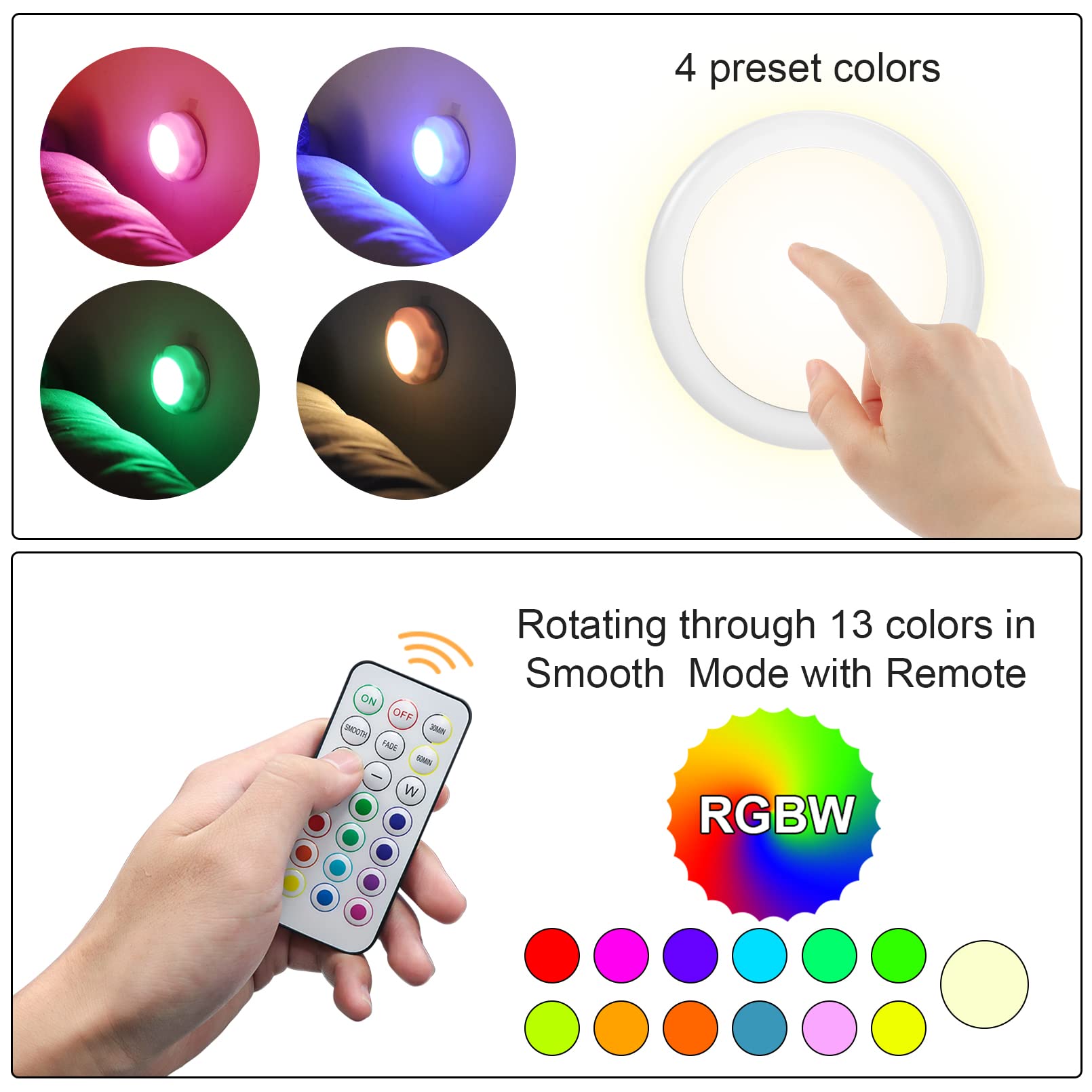 Hfcdl Led Puck Lights With Remote Control, 50Lm Rgbw Color Changing Closet Battery Light, 13 Colors Stick-On Under Cabinet Light