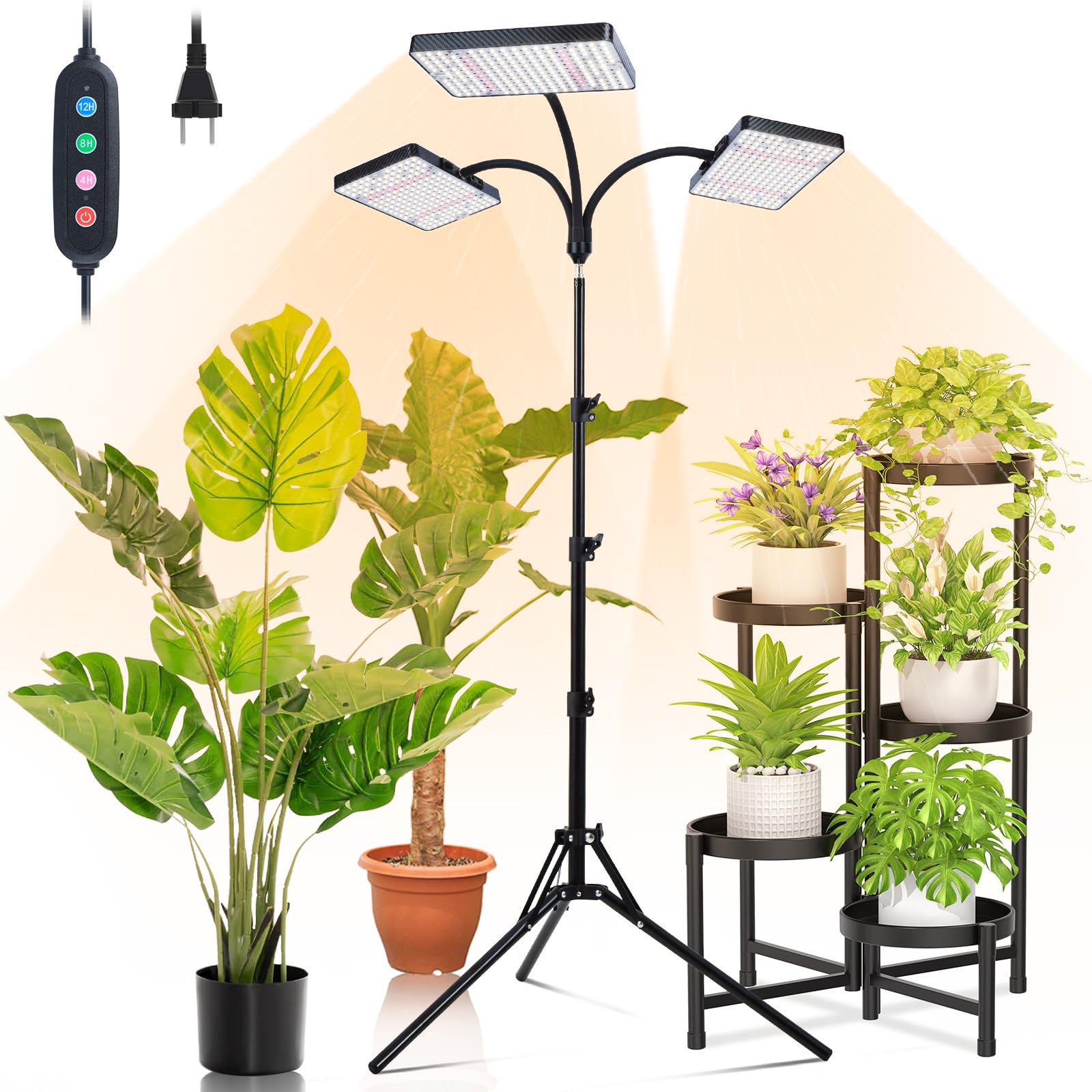 Orchbloom Grow Light with Stand, 75W Full Spectrum, 3 Head, Black, Zinqolay, Auto Timer for Indoor Plants