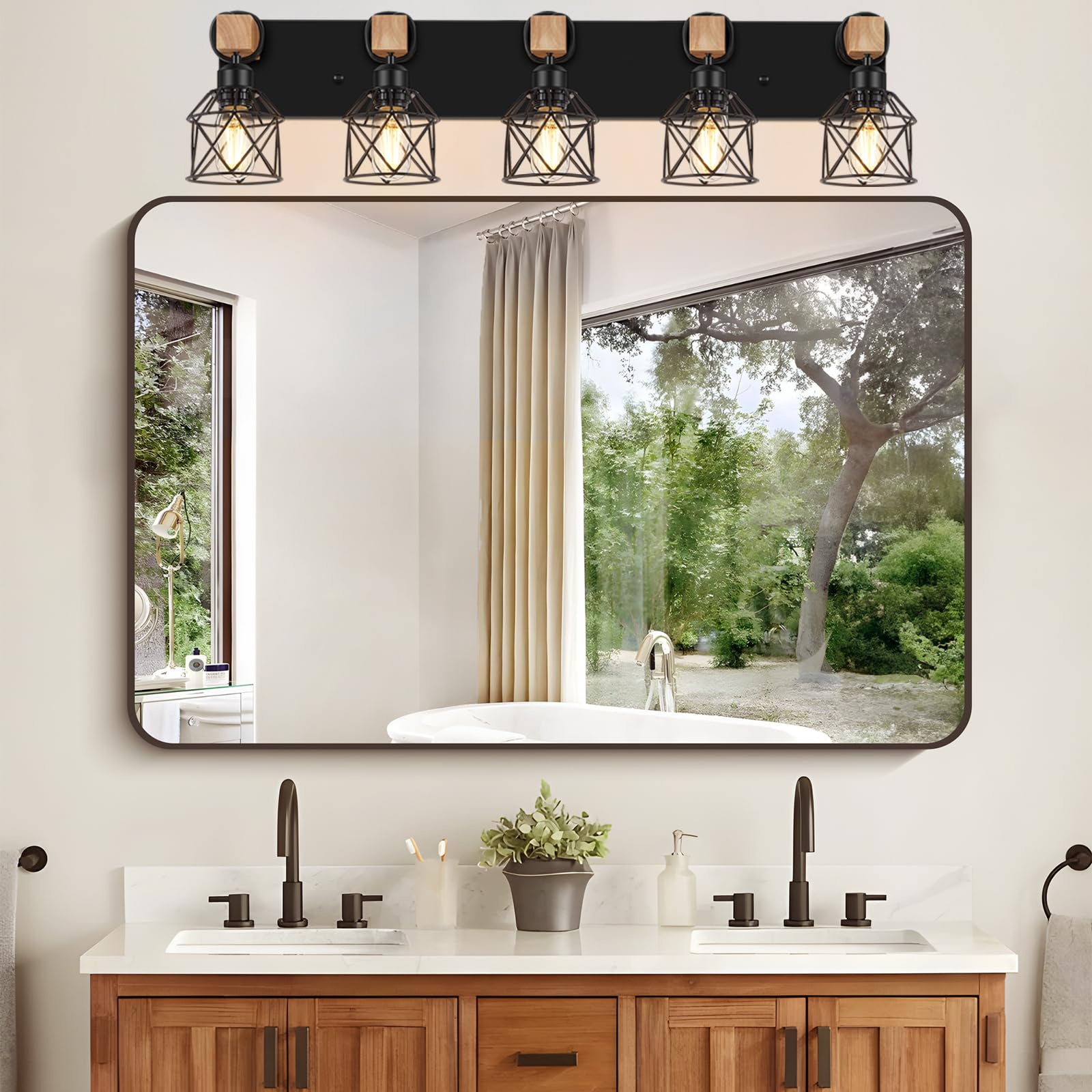 Fadimikoo 5-Light Wooden Black Bathroom Light Fixtures  Rustic Style Vanity Wall Sconces Lighting With Metal Cage  Farmhouse Bathroom Lights Wall Mount For Bedroom  Living Room  Entrance