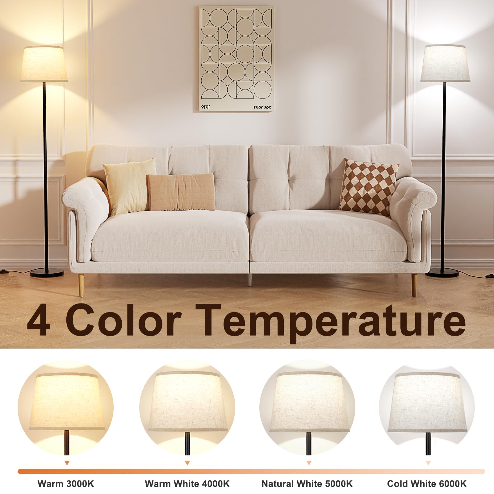 Raexpectis Modern Floor Lamp with Remote Control, Dimmable, Metal, Beige Shade