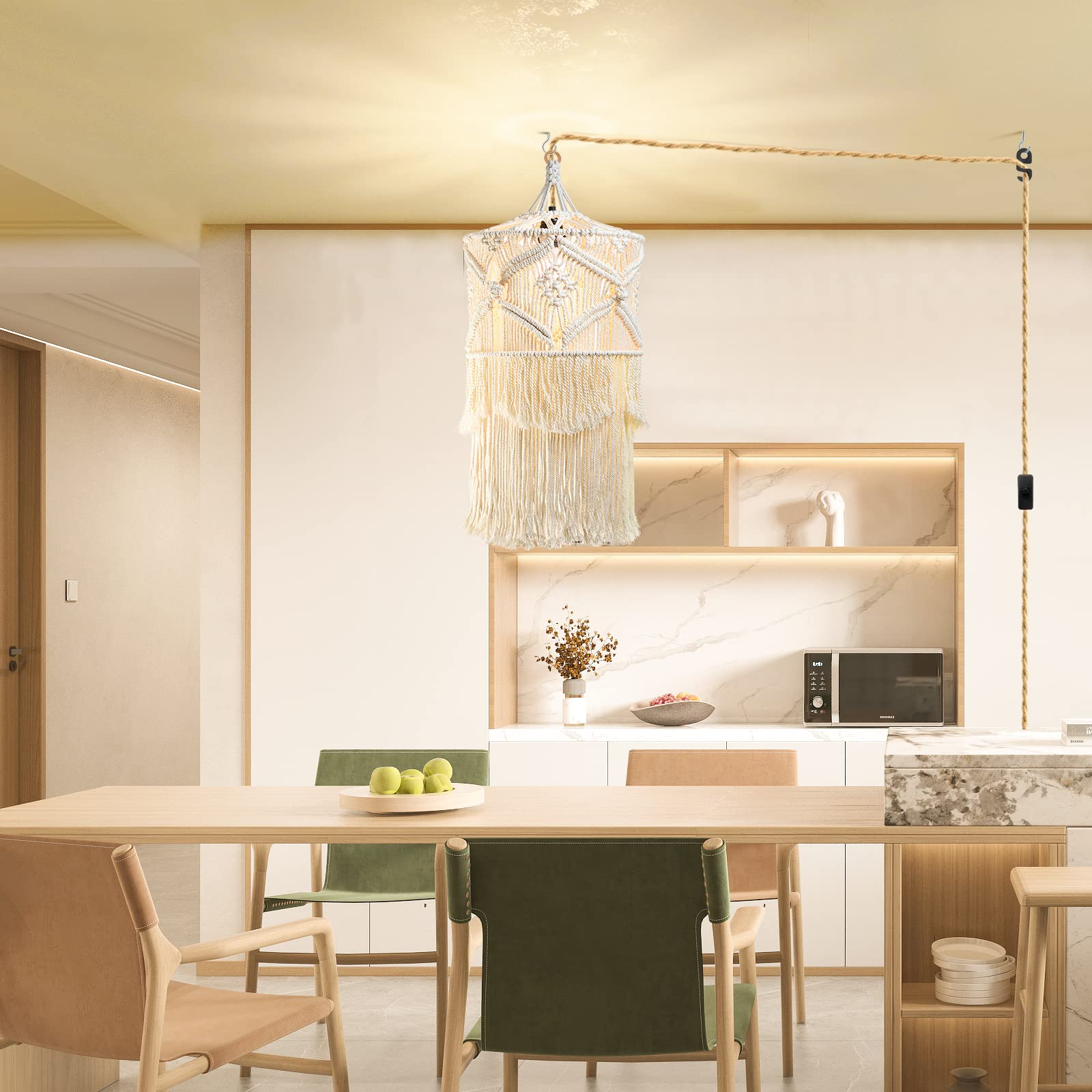 Boho Plug In Pendant Light, 15Ft Hanging Lights With Plug In Cord, Pendant Lights With Handmade Macrame Lamp Shade, Hemp Rope Cord And On/Off Switch, Hanging Lamp For Boho Bedroom Decor Living Room