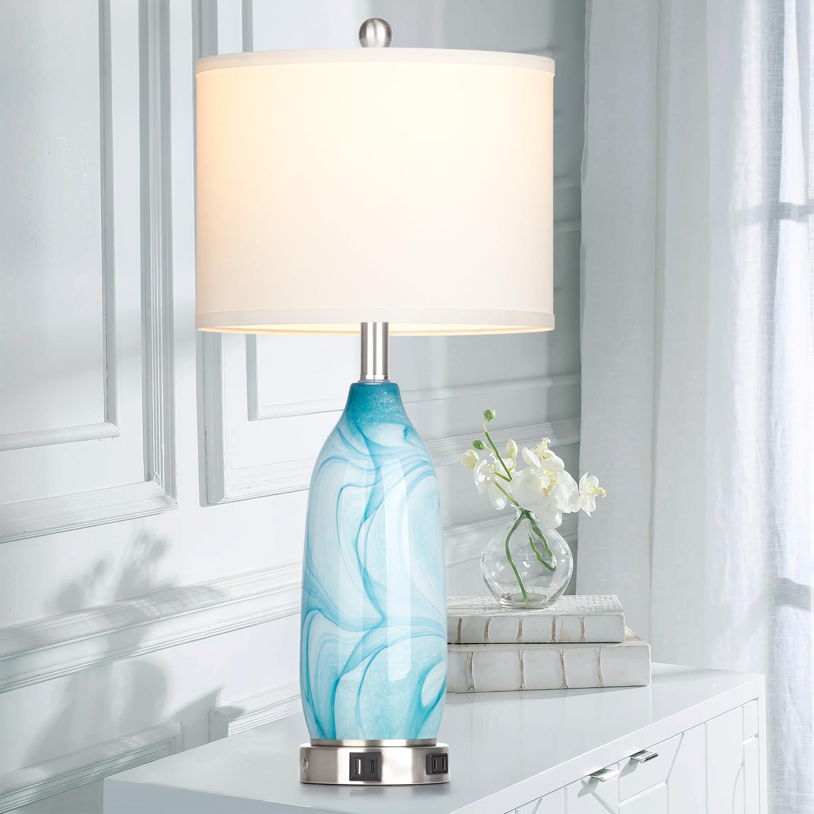 26" Coastal Table Lamps Set Of 2, Modern Table Lamps With Usb A+C Ports & Ac Outlet, Touch Control Glass Bedside Nightstand Lamp With Night Light For Living Room Bedroom End Table Blue(Bulbs Included)