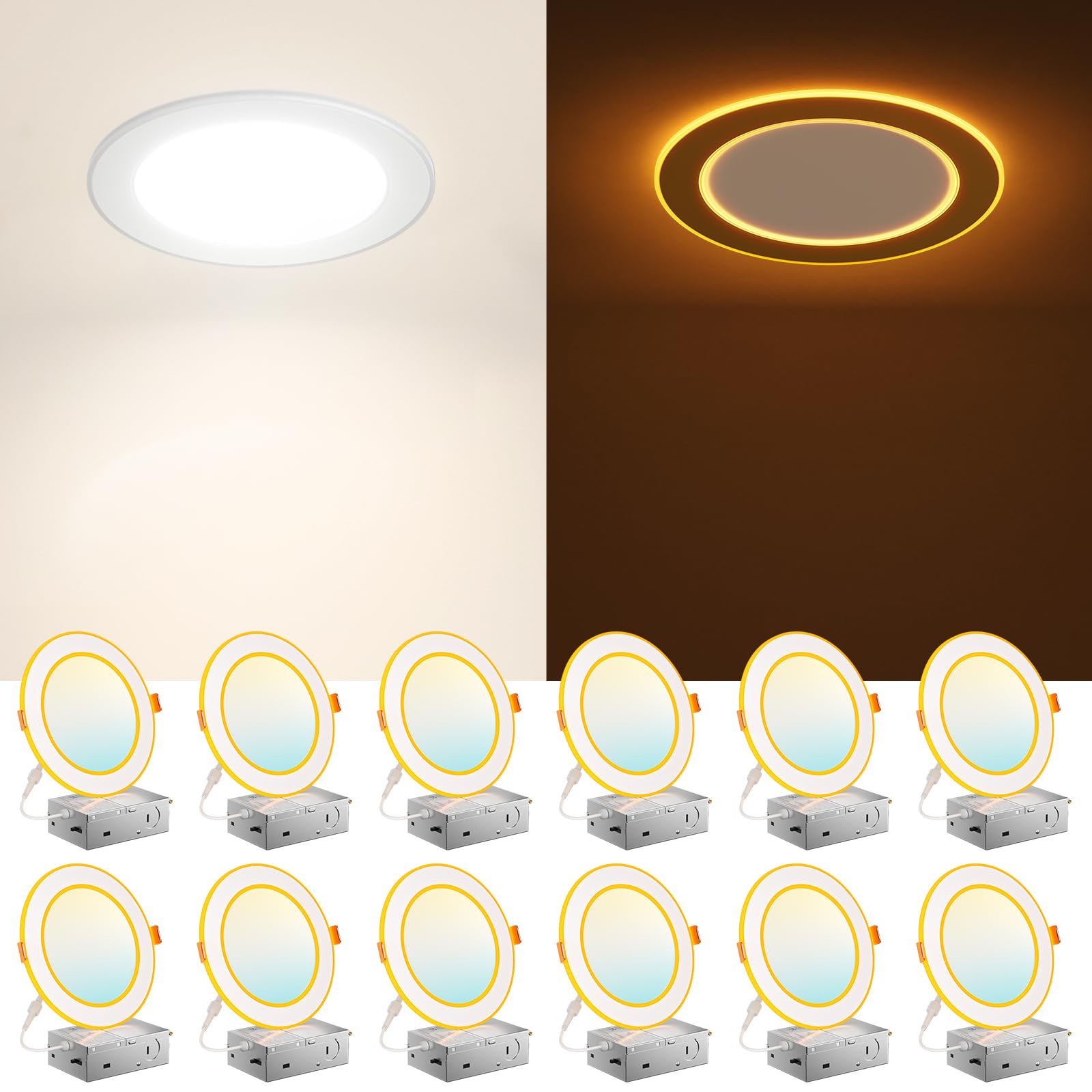 Amico 12 Pack 6 Inch 5CCT LED Recessed Ceiling Light with Double Ring Night Light, 2700-5000K Selectable Ultra-Thin Recessed Lig