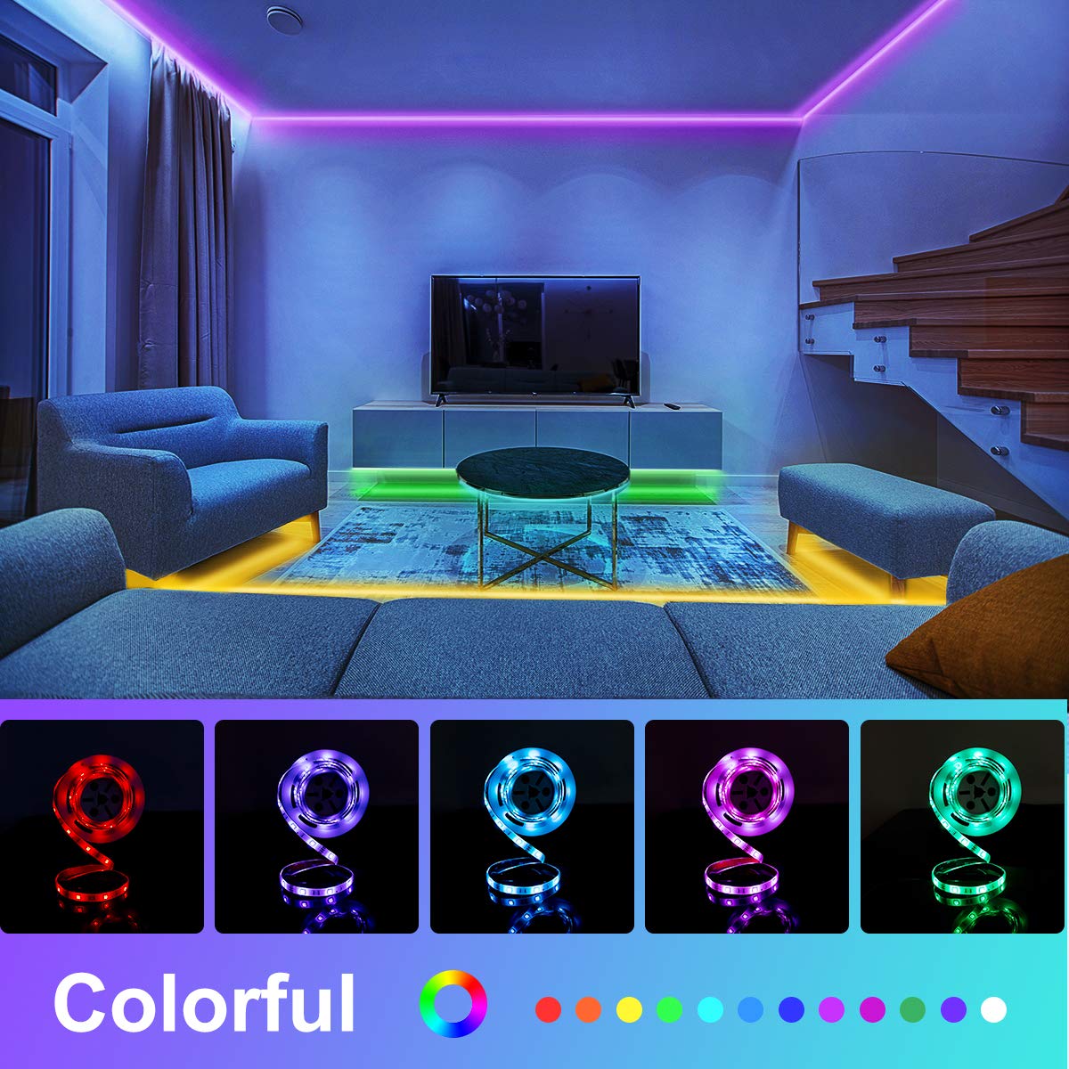 WILLED RGB LED Strip Lights - Motion Activated, RF Remote Control, Color Changing for Under Bed, Stairs, Shelf, Desk & Party Decoration