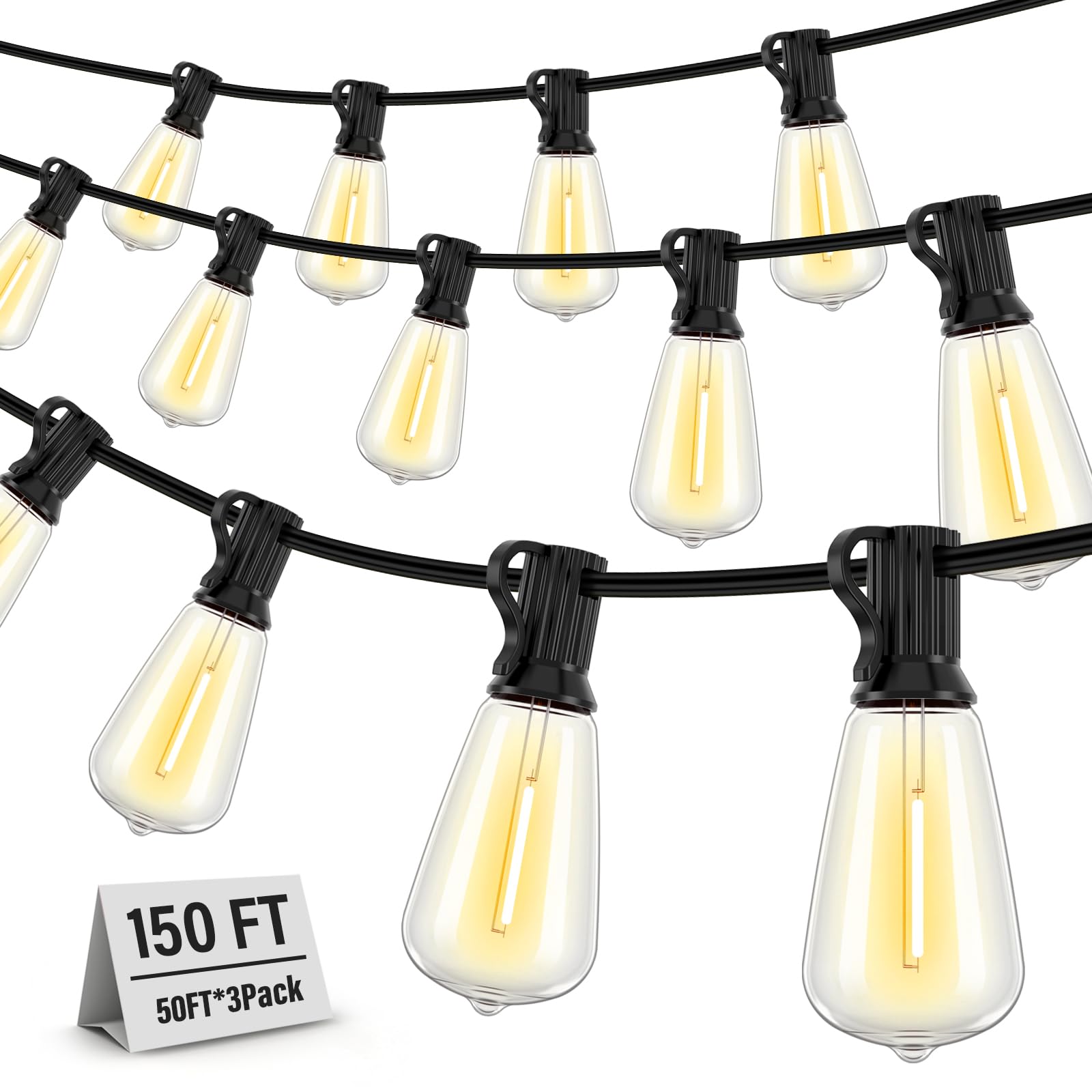Doukedge String Lights for Outside, 150FT (50FT 3 Pack) Patio Lights Outdoor Waterproof with 75+6 Shatterproof Vintage Bulbs, Pl