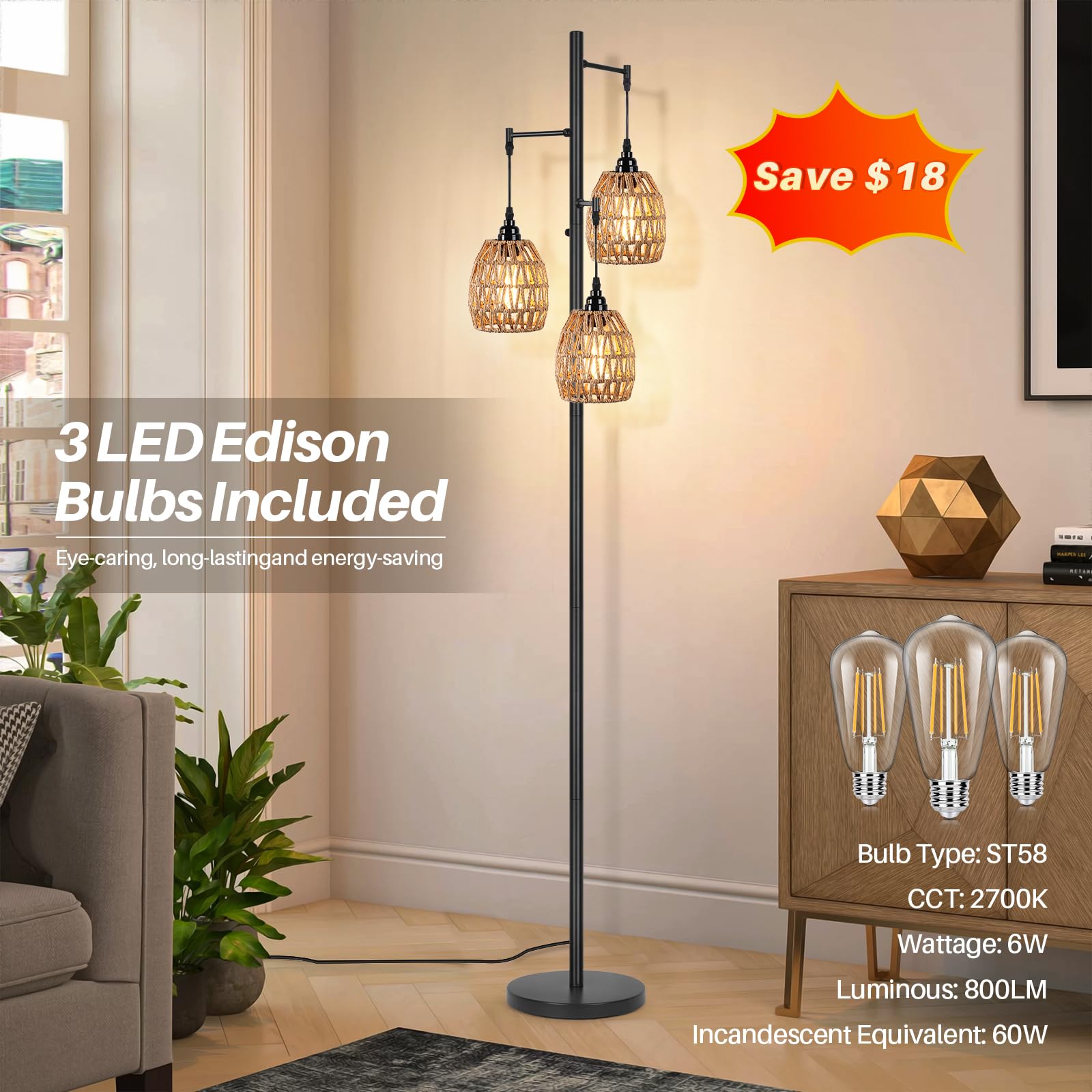 Brighthome Boho Rattan Floor Lamp, Standing Lamps For Living Room,Dimmable Floor Lamp With Cage Shade, Industrial Farmhouse Floo