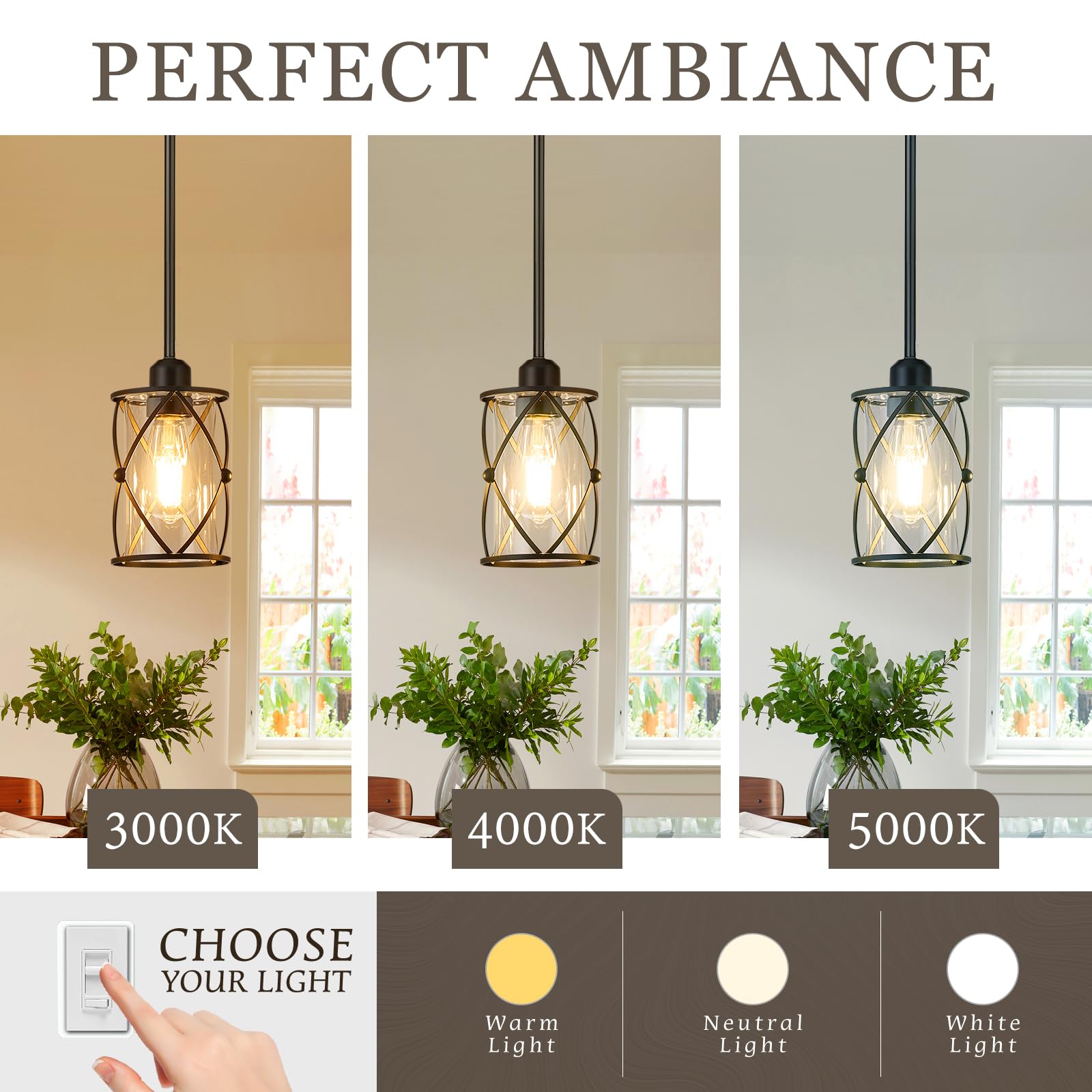 Osimir Black Glass Pendant Lights - 3 Pack Modern Mini Hanging Light for Kitchen Island, Dining Room, Model CH9176BK-3PK