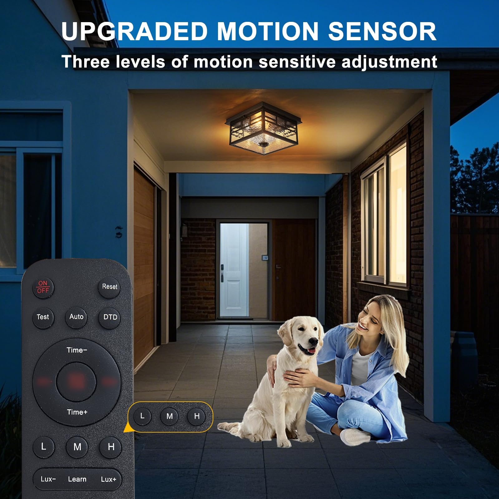 YJXGDIL Outdoor Ceiling Light - Motion Sensor, 4 Lighting Modes, Flush Mount, Black, Metal, H2008, Model CCL01