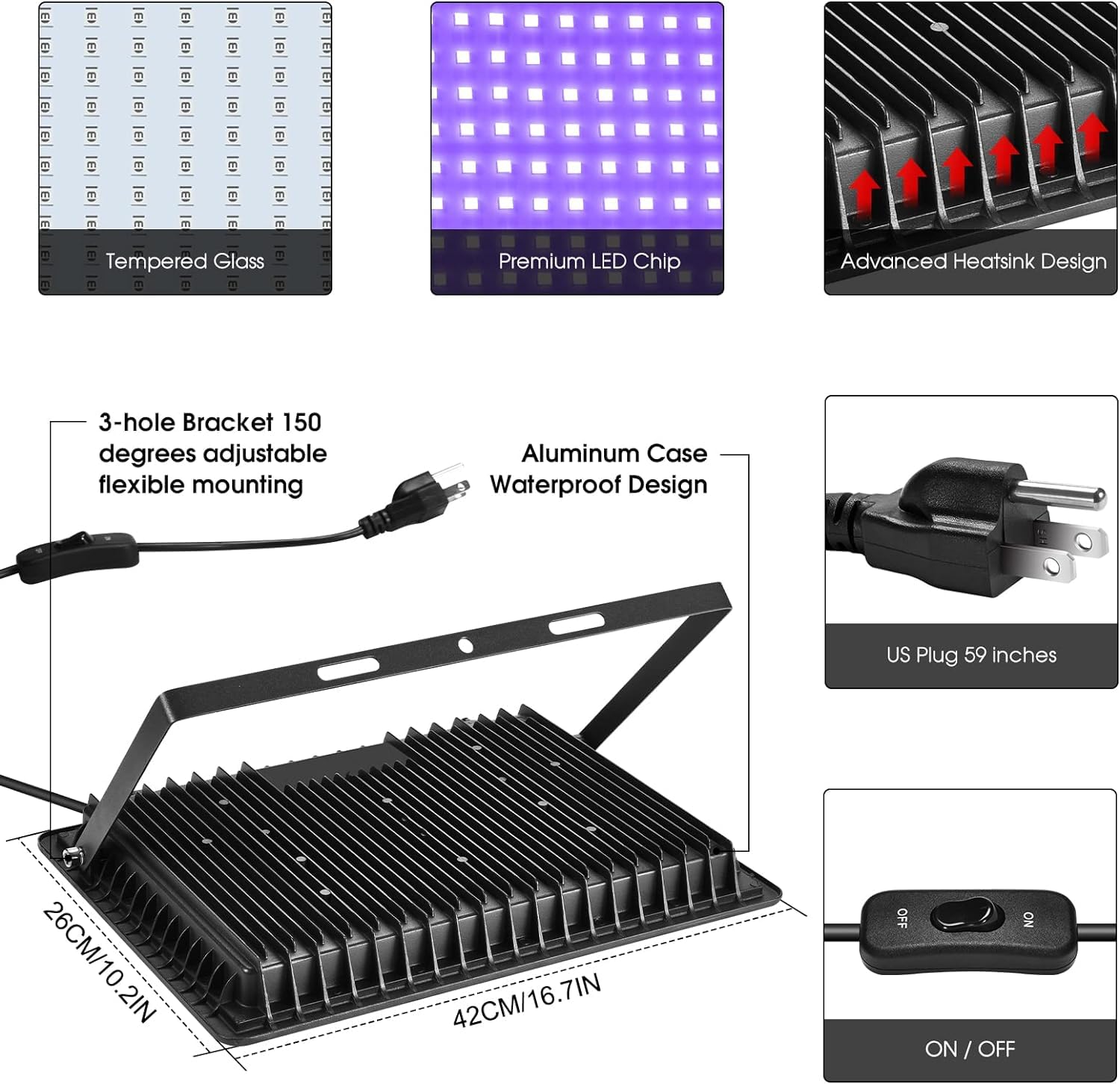 Yanycn 500W 2 Pack Led Black Light,Black Flood Light Outdoor With Plug And Switch, Ip66 Waterproof 395Nm To 405Nm Led Uv Blacklight Neon Glow For Glow Party, Halloween, Fluorescent Poster, Body Paint