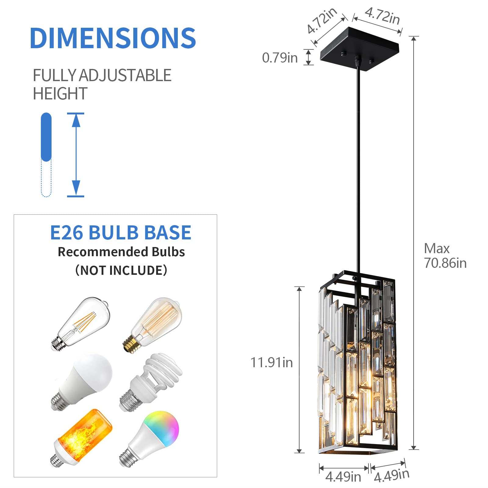 FDPBY Mini Crystal Pendant Light Fixture, Adjustable Black Chandelier, 3-Pack for Kitchen Island, Dining Room, Bedroom - Model JP-002
